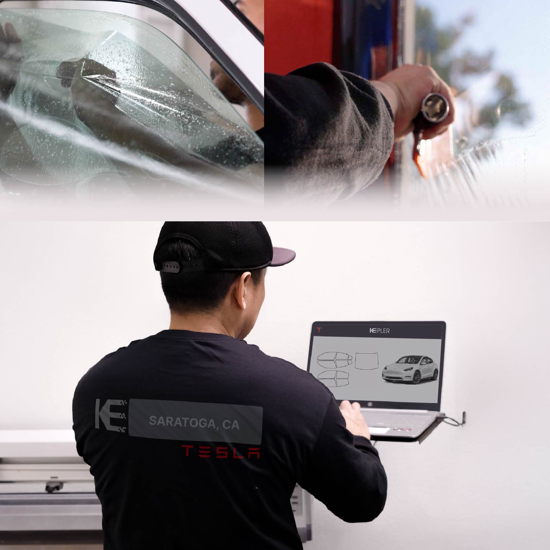 Expert Technician Applying Advanced Window Tint to Tesla in Saratoga