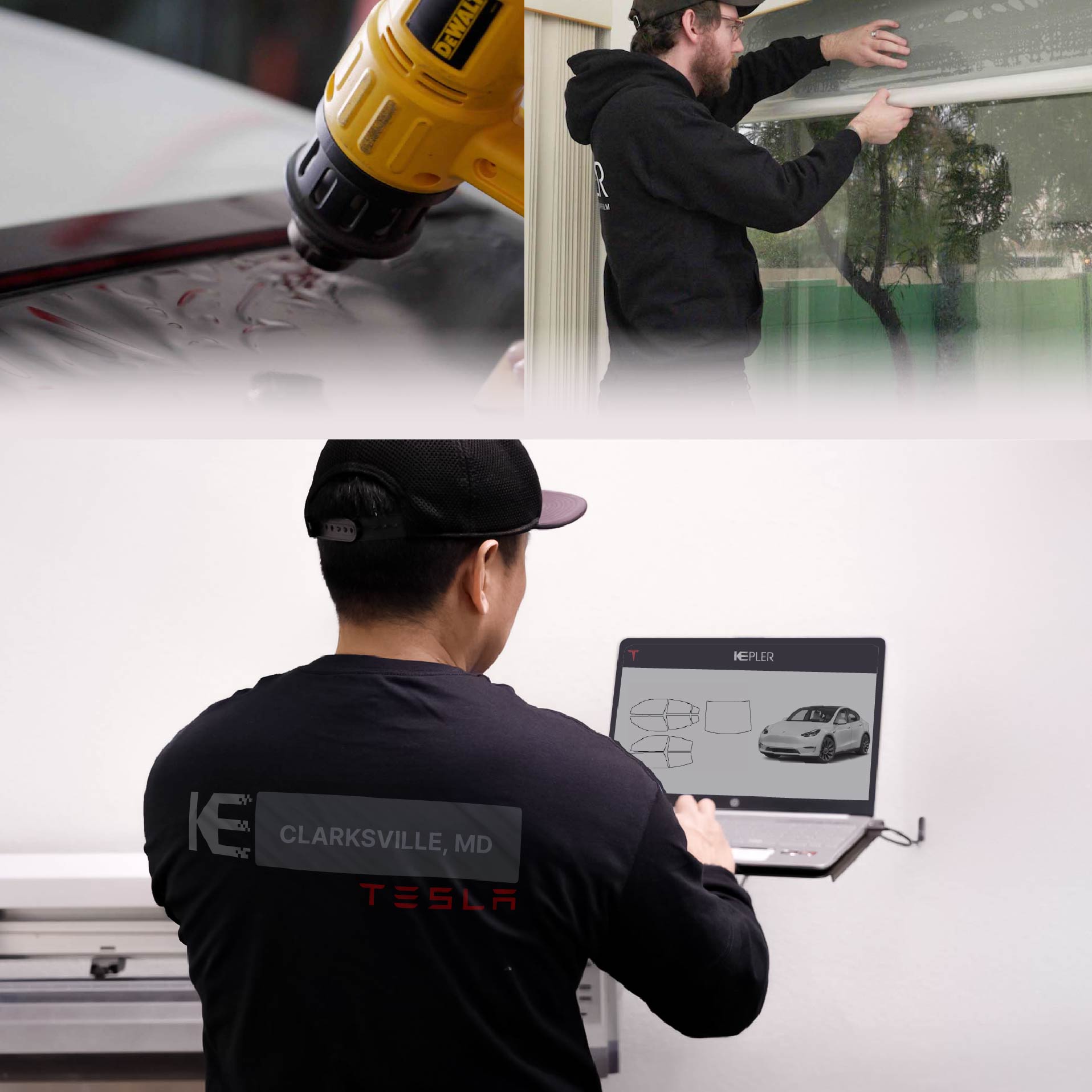 Expert Technician Applying Ceramic Window Tint to Tesla in Clarksville