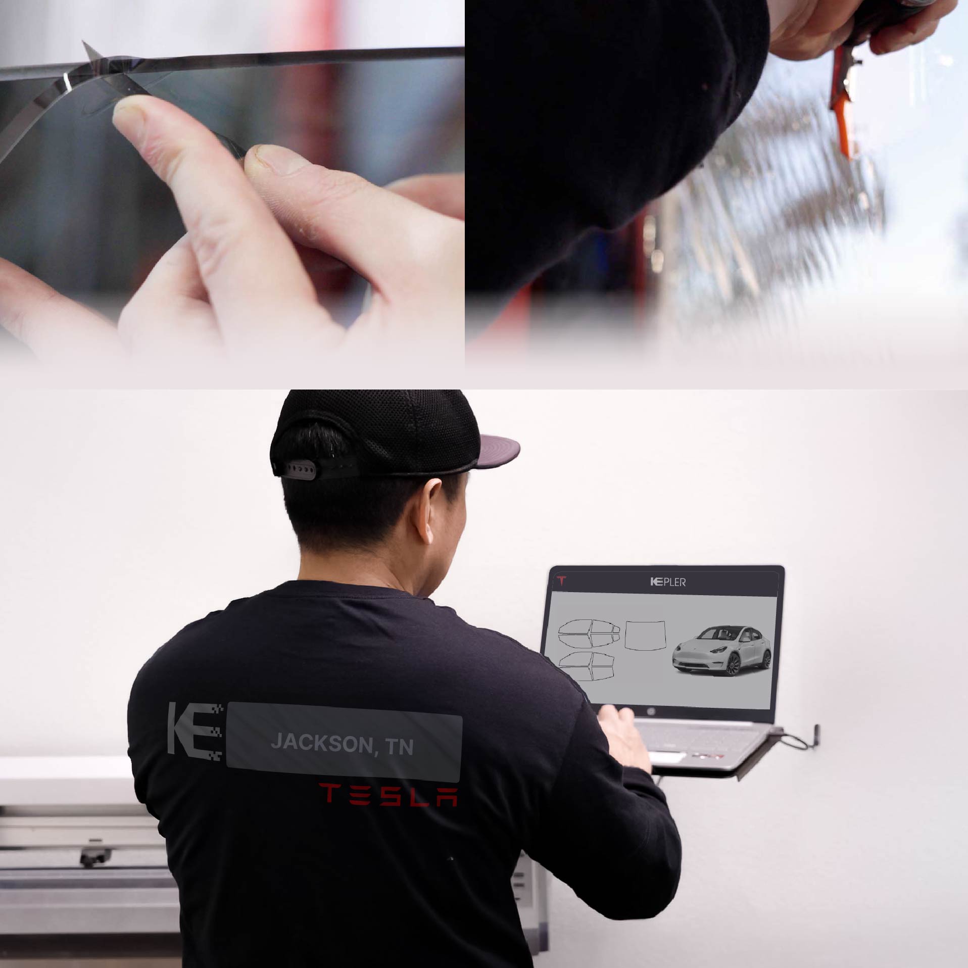 Kepler Technician Installing Advanced Window Tint to Tesla in Jackson