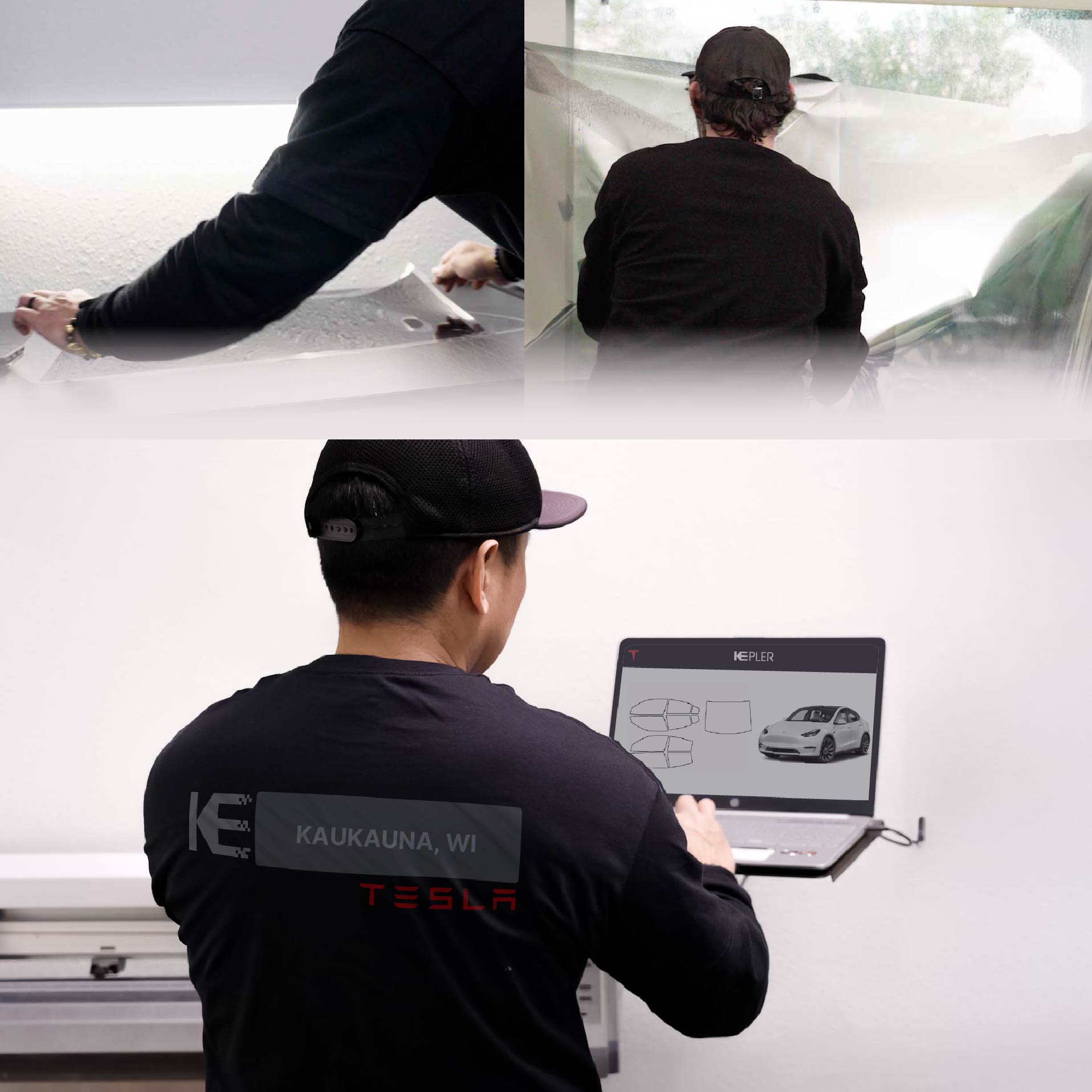 Expert Technician Applying Ceramic Window Tint to Tesla in Kaukauna