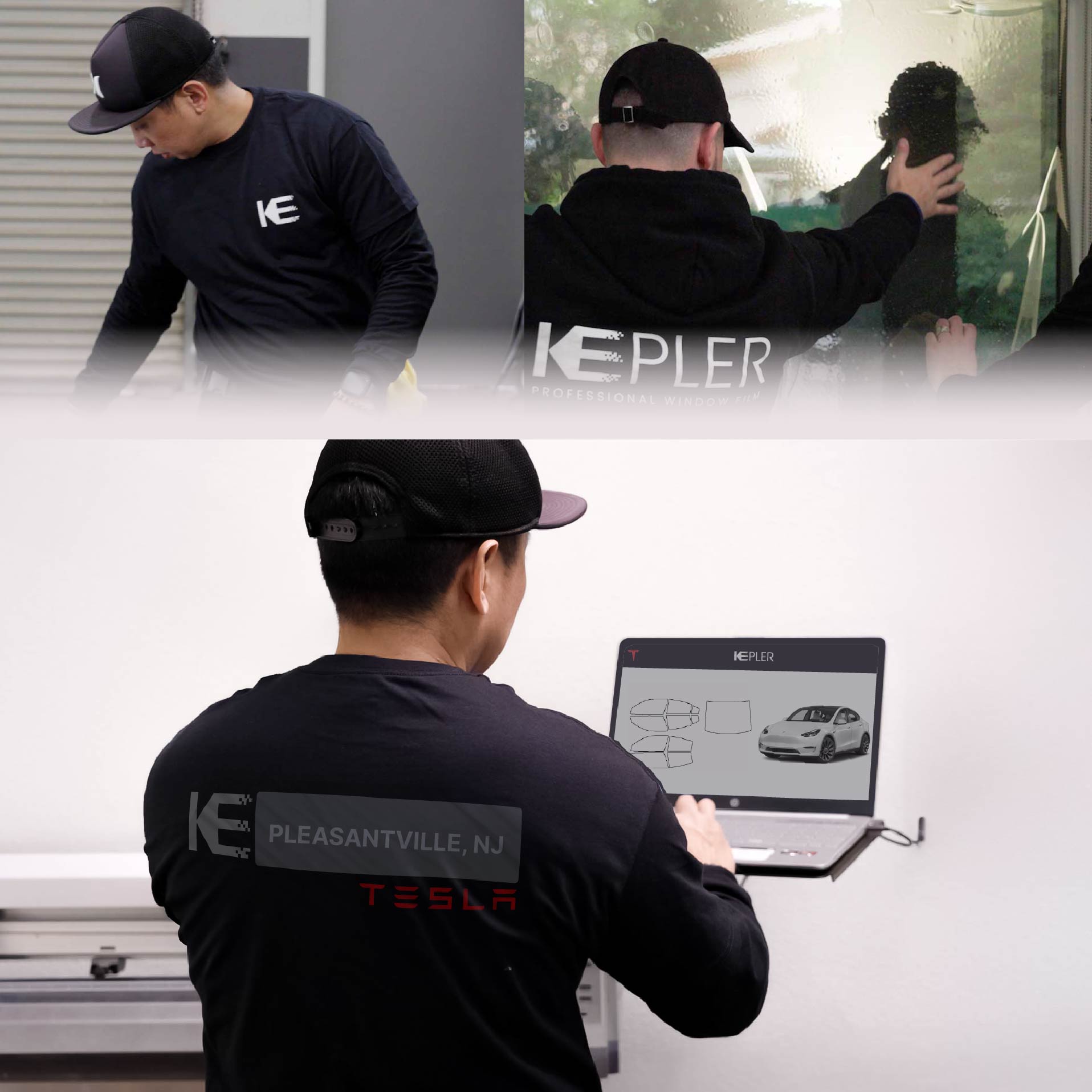 Expert Technician Applying High-tech Window Tint to Tesla in Pleasantville
