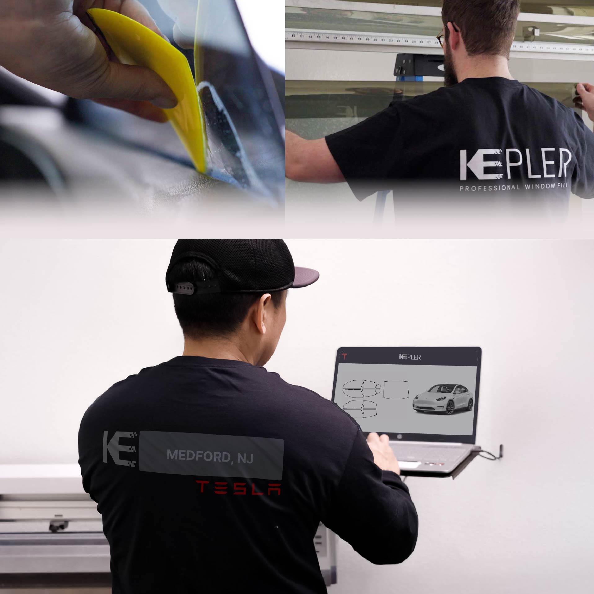 Expert Technician Fitting Advanced Window Tint to Tesla in Medford