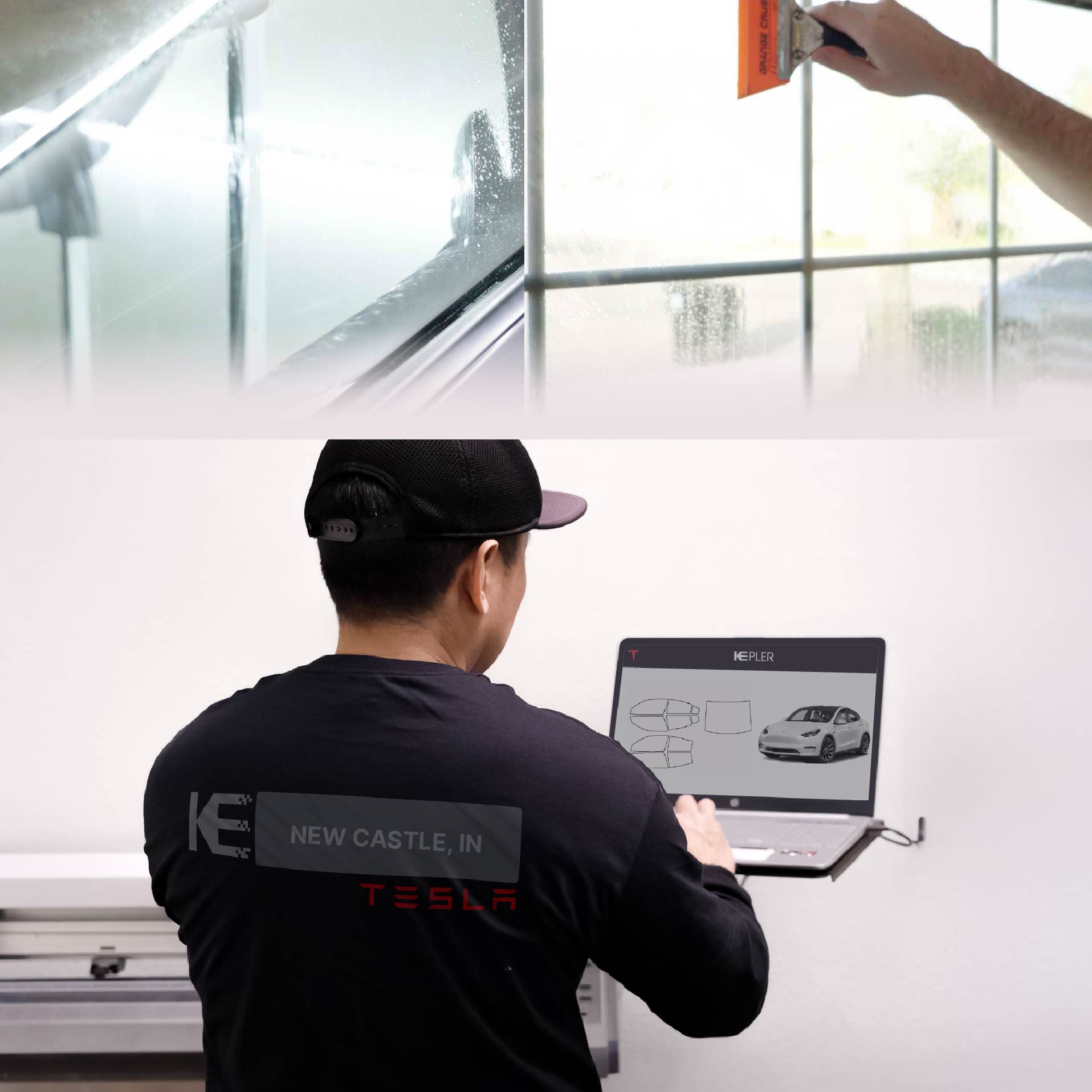 Expert Technician Applying High-tech Window Tint to Tesla in New Castle