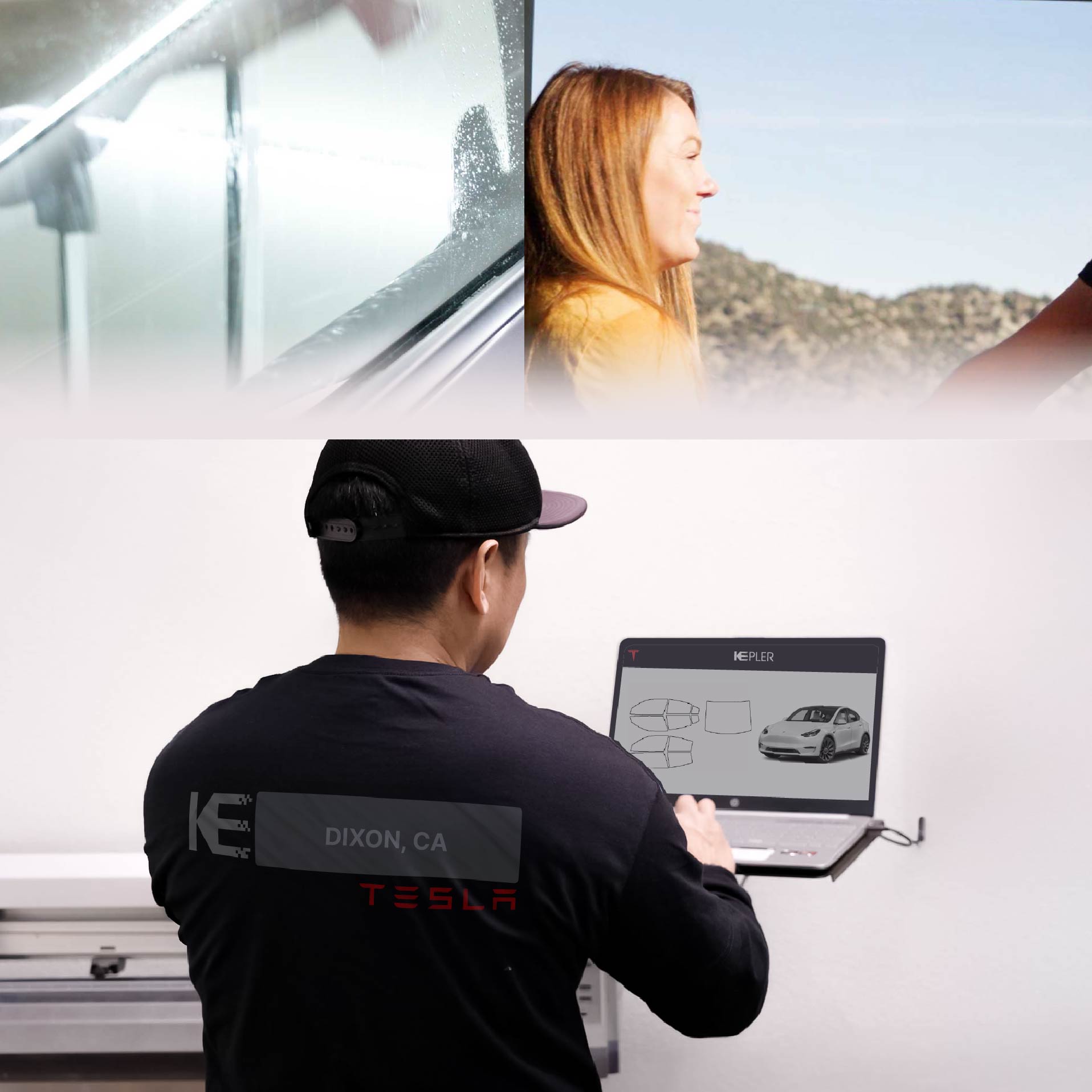 Expert Technician Fitting Advanced Window Tint to Tesla in Dixon