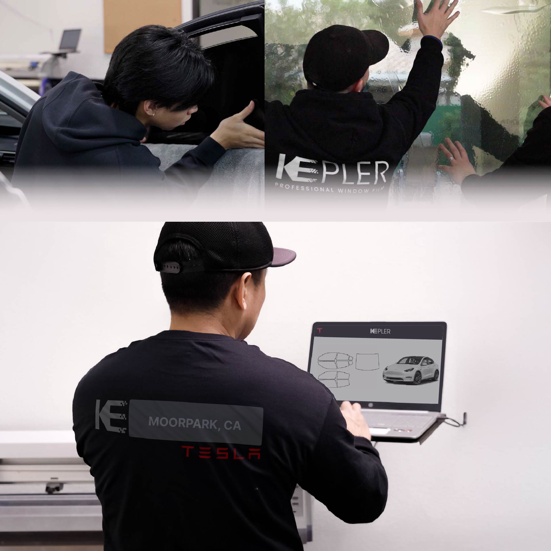 Kepler Technician Applying Advanced Window Tint to Tesla in Moorpark