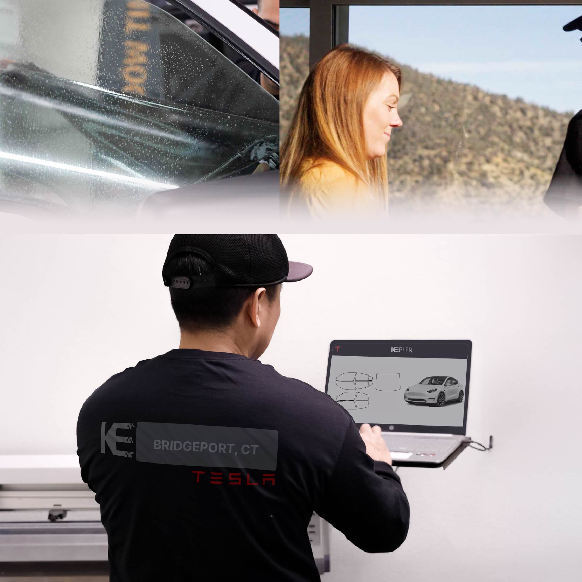 Kepler Technician Applying High-tech Window Tint to Tesla in Bridgeport