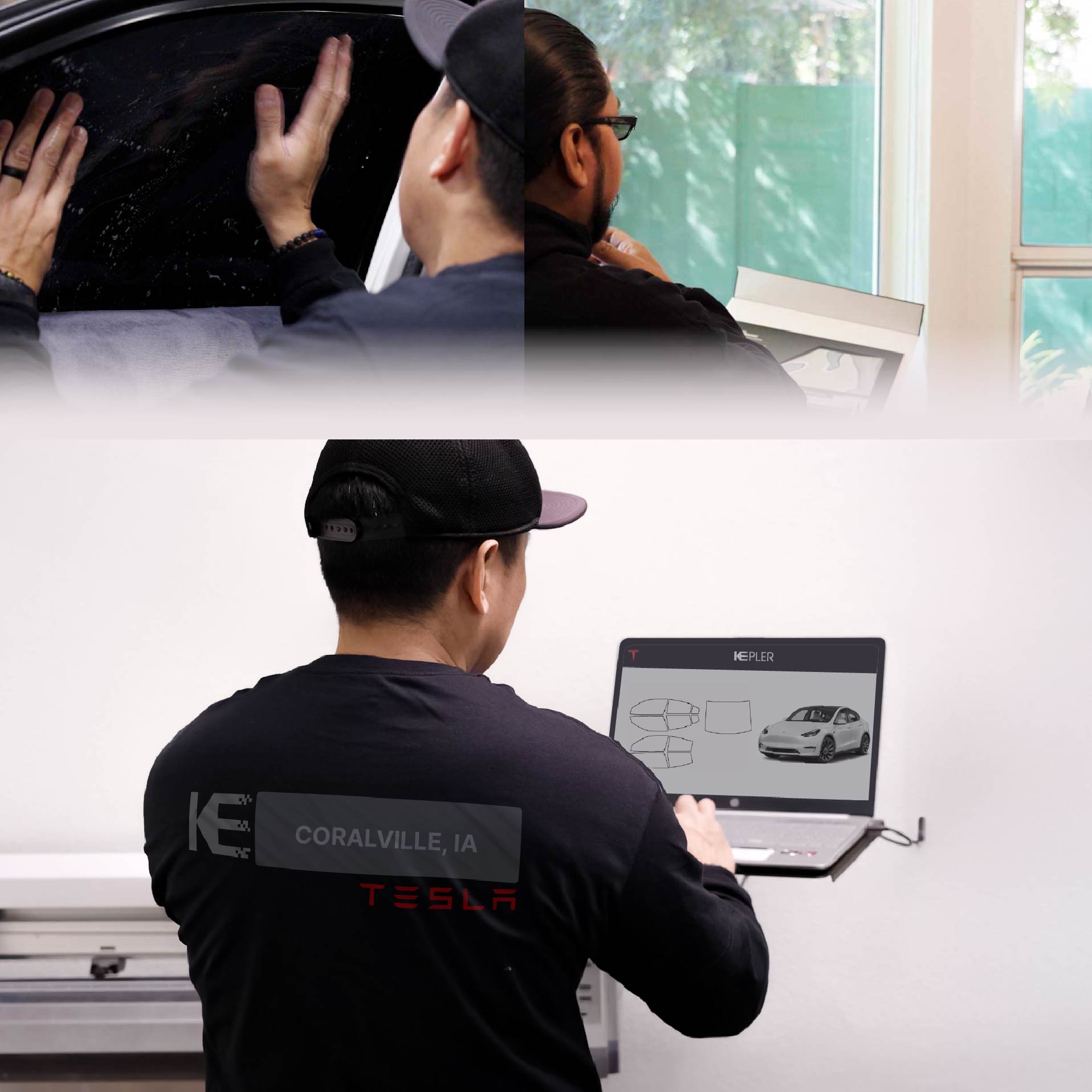 Expert Technician Installing Ceramic Window Tint to Tesla in Coralville