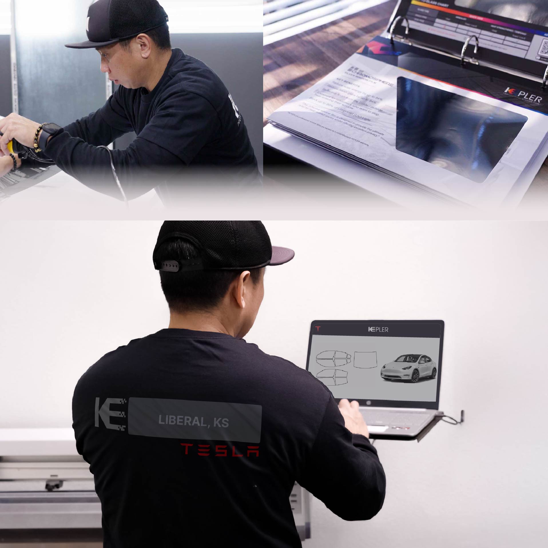 Expert Technician Fitting High-tech Window Tint to Tesla in Liberal