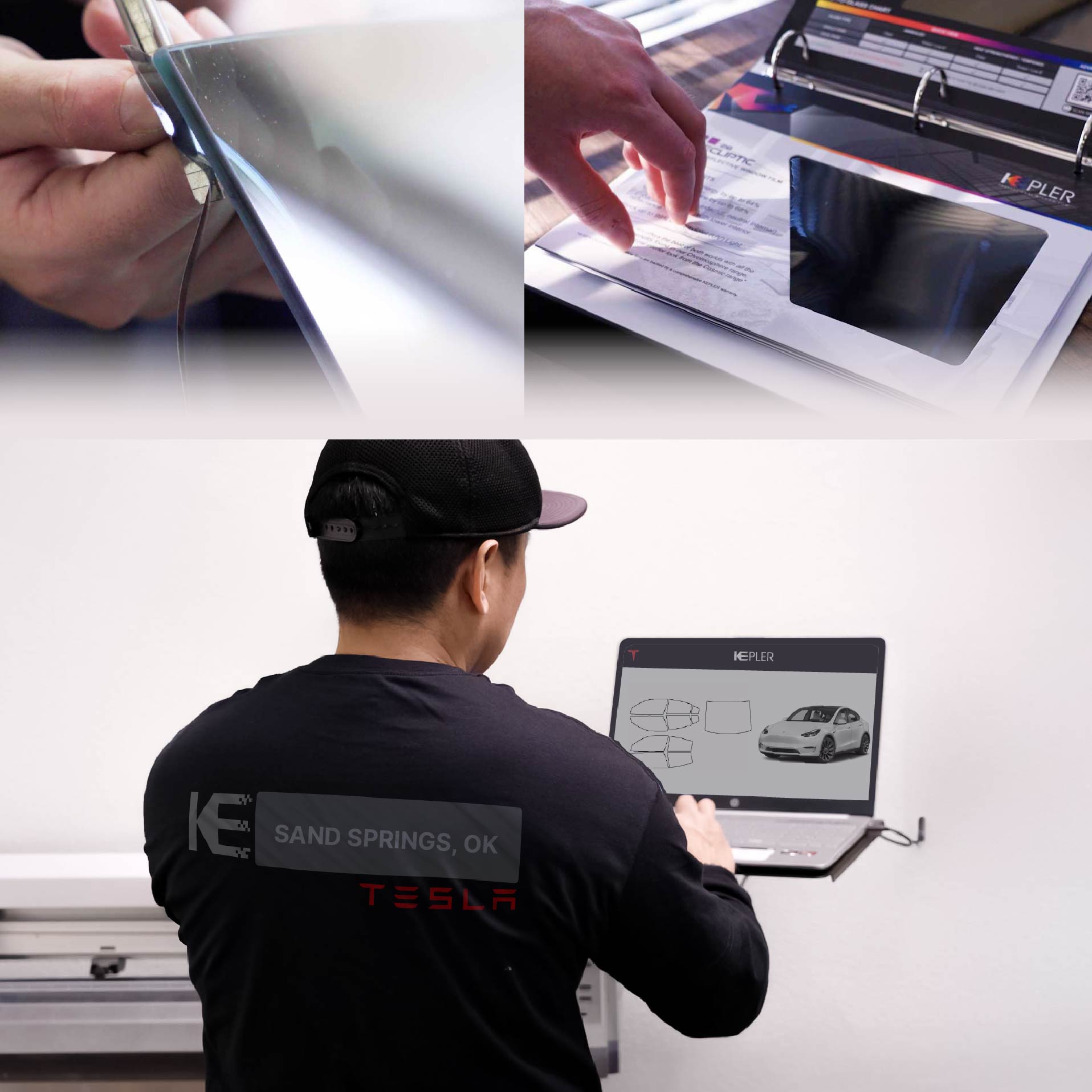 Kepler Technician Fitting Advanced Window Tint to Tesla in Sand Springs