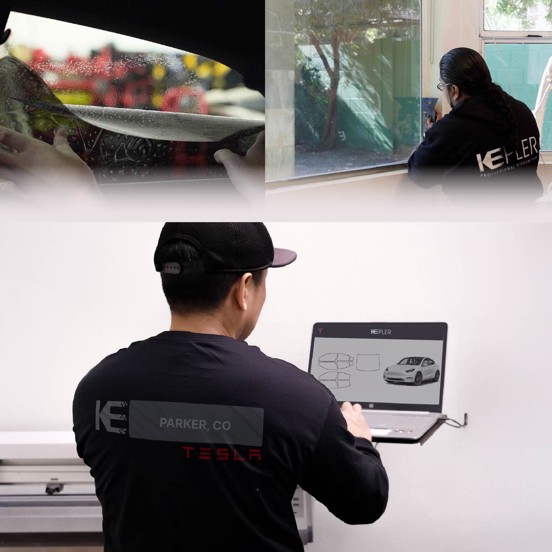 Expert Technician Installing High-tech Window Tint to Tesla in Parker