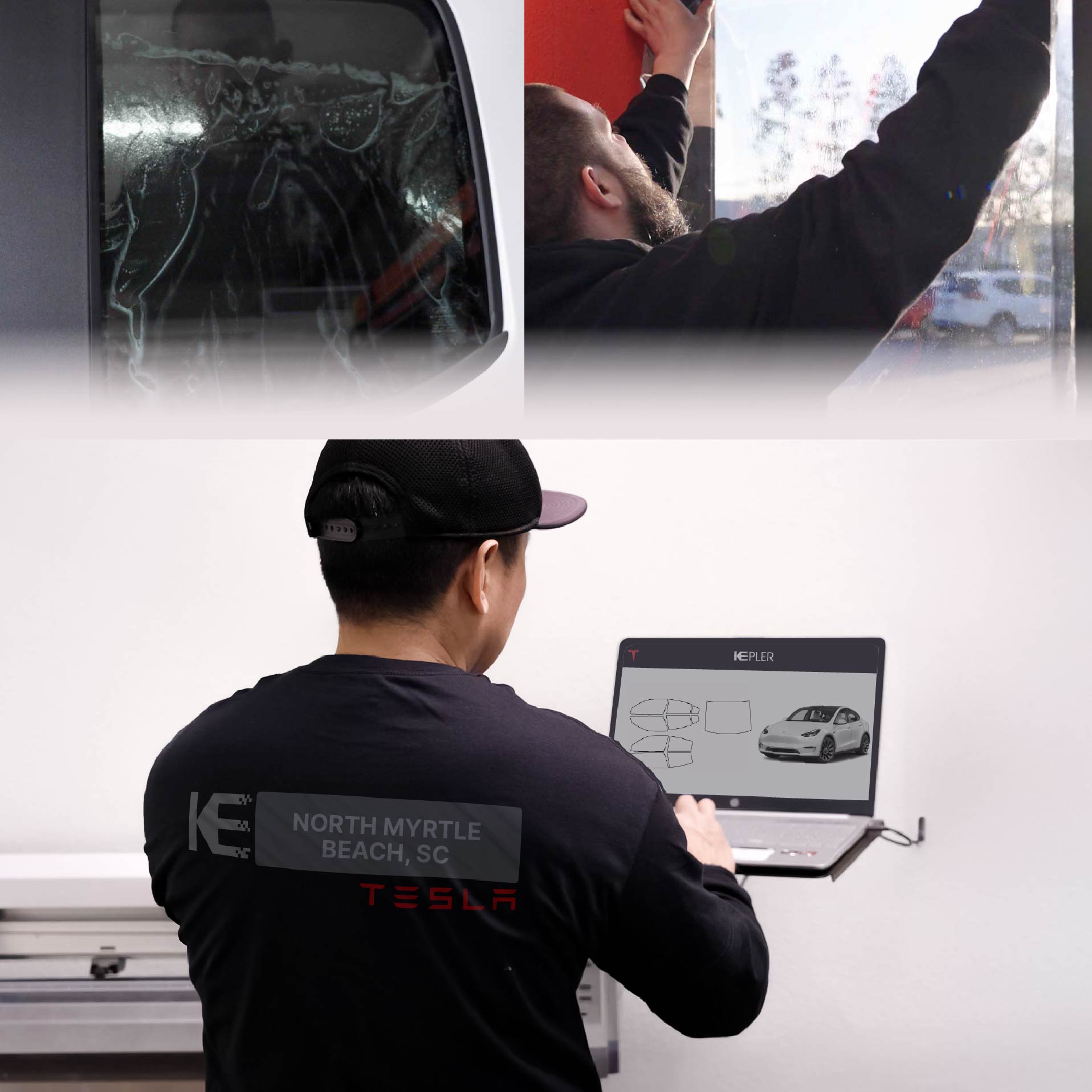 Expert Technician Installing Ceramic Window Tint to Tesla in North Myrtle Beach