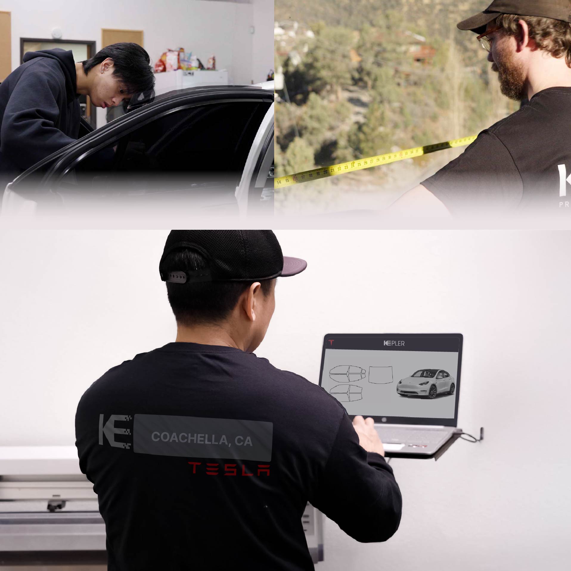 Kepler Technician Installing Ceramic Window Tint to Tesla in Coachella