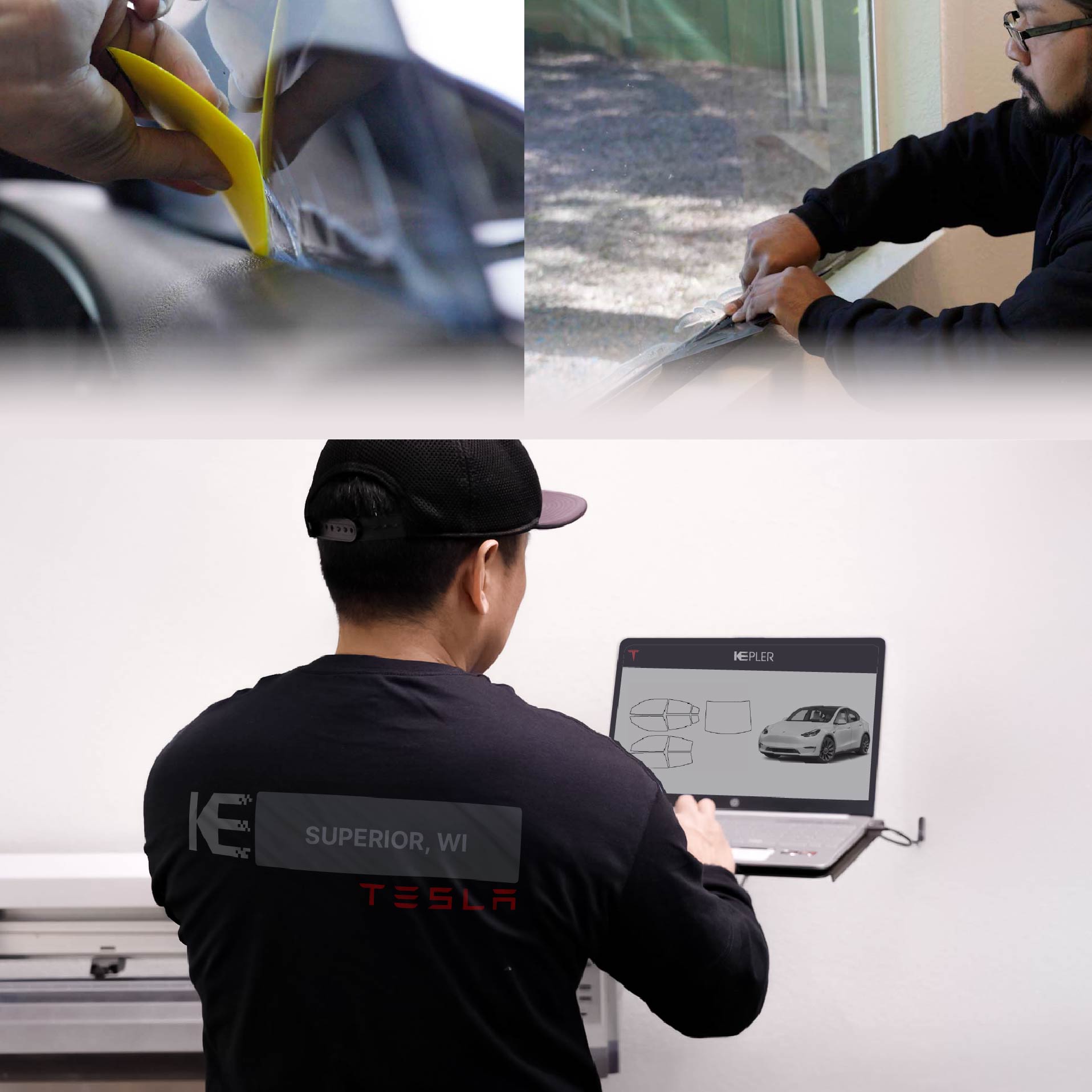 Expert Technician Installing Ceramic Window Tint to Tesla in Superior