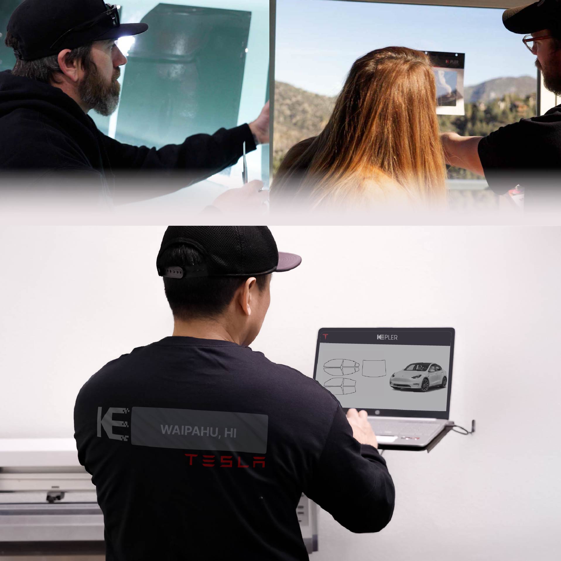Kepler Technician Installing Advanced Window Tint to Tesla in Waipahu