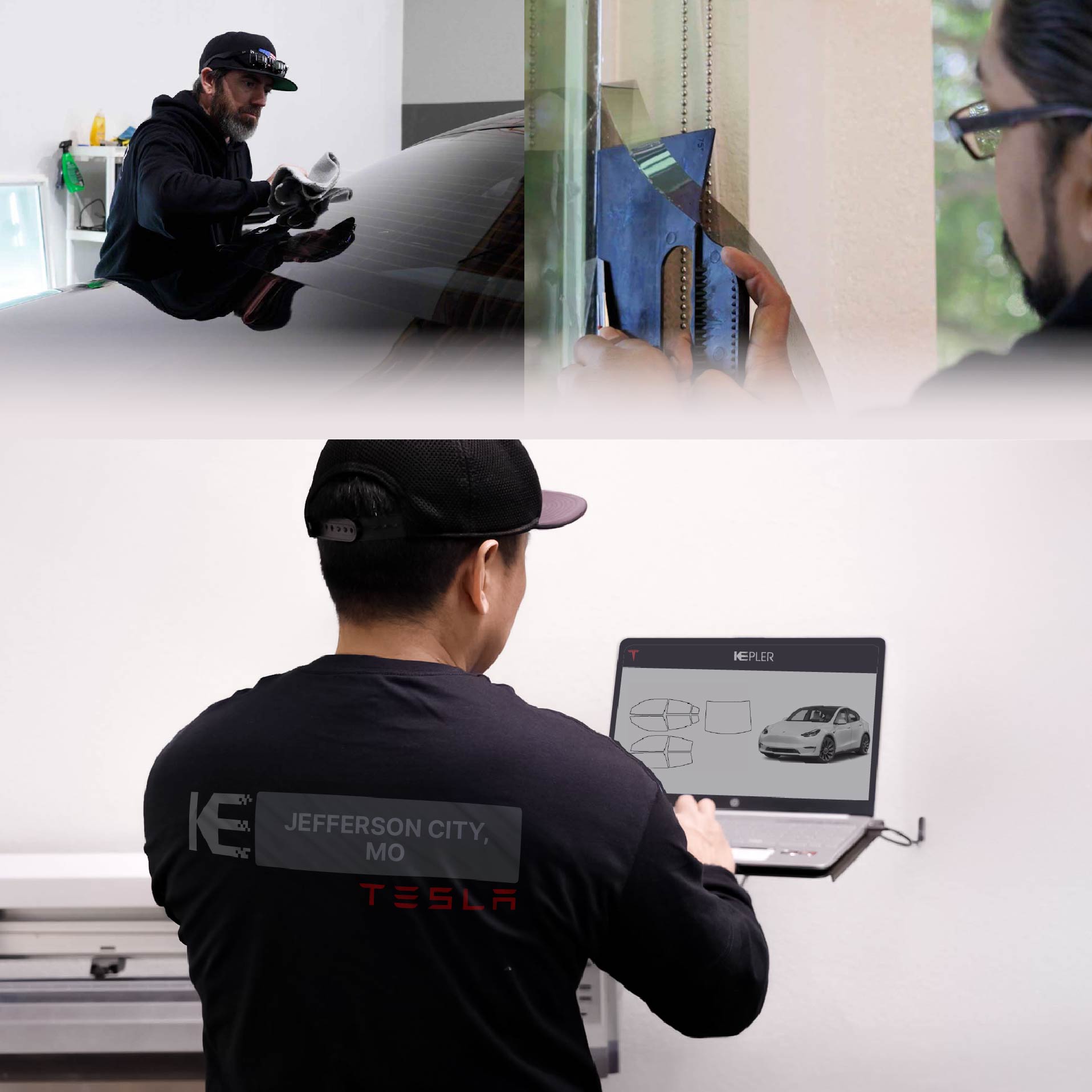 Expert Technician Installing Advanced Window Tint to Tesla in Jefferson City