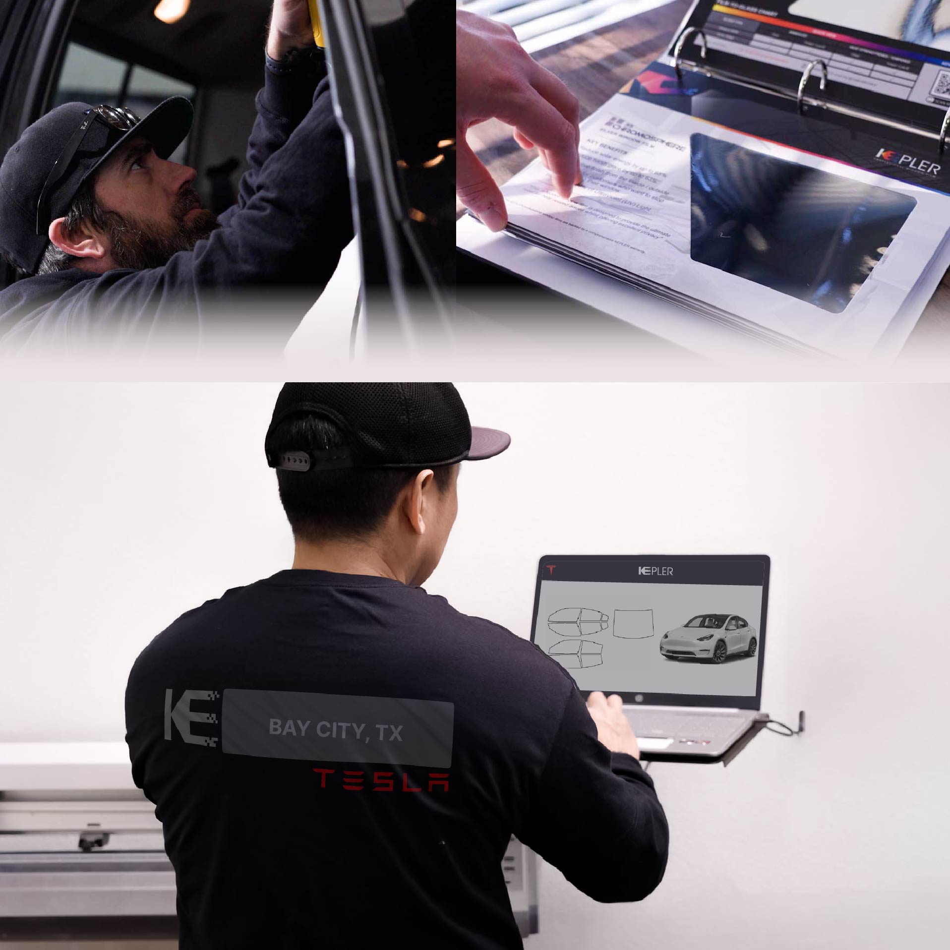 Expert Technician Applying Ceramic Window Tint to Tesla in Bay City