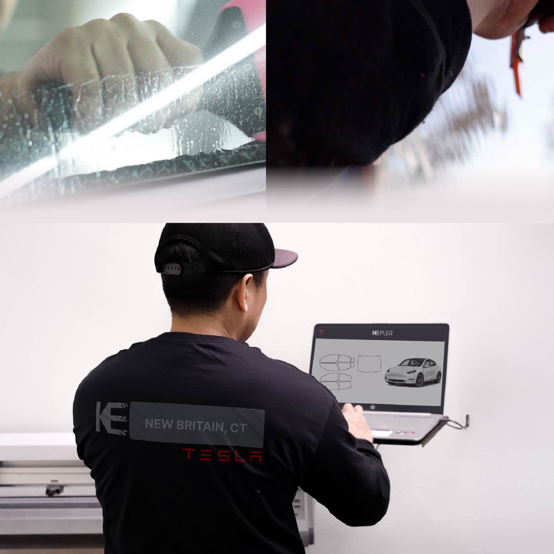 Kepler Technician Installing Ceramic Window Tint to Tesla in New Britain