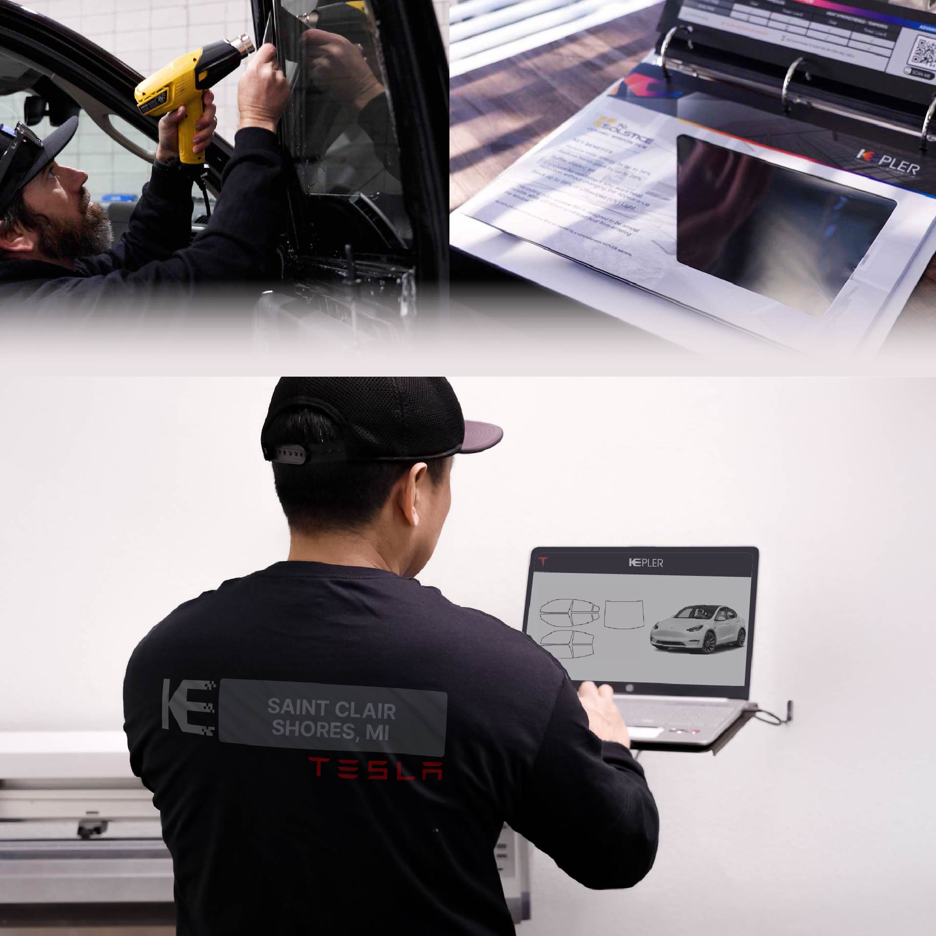 Expert Technician Applying Advanced Window Tint to Tesla in Saint Clair Shores