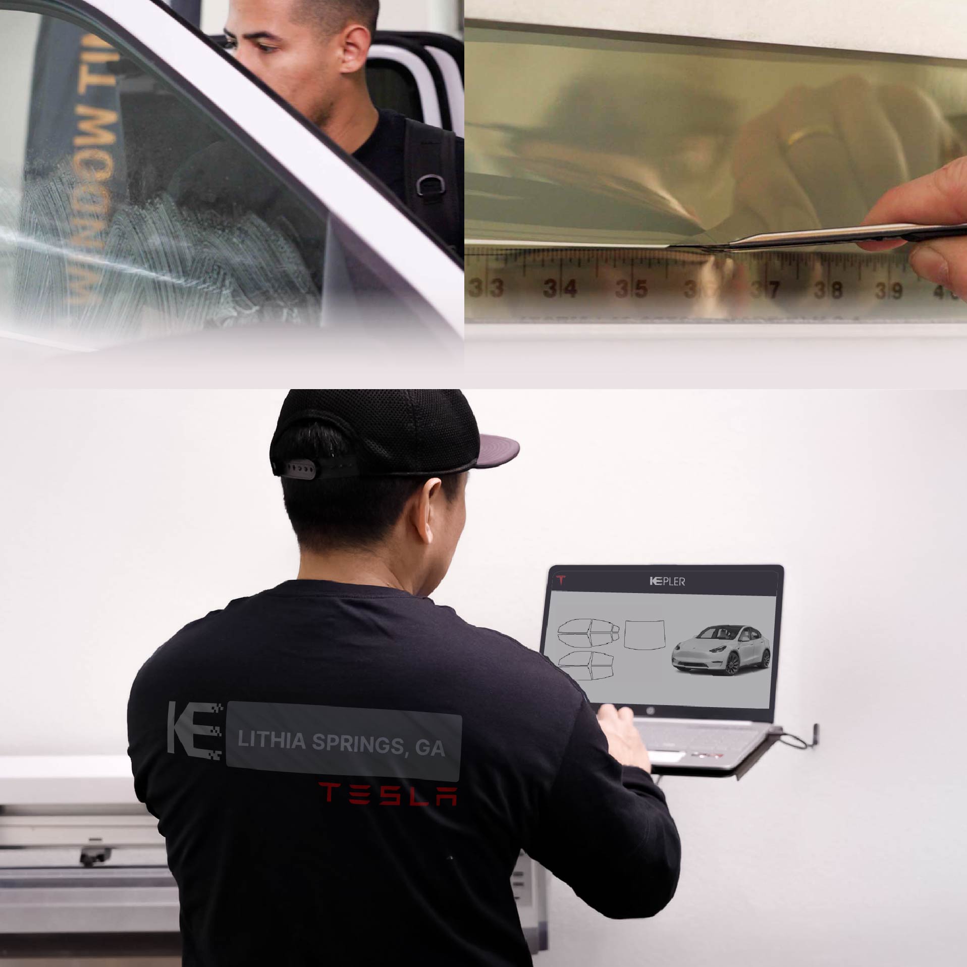 Expert Technician Applying Ceramic Window Tint to Tesla in Lithia Springs