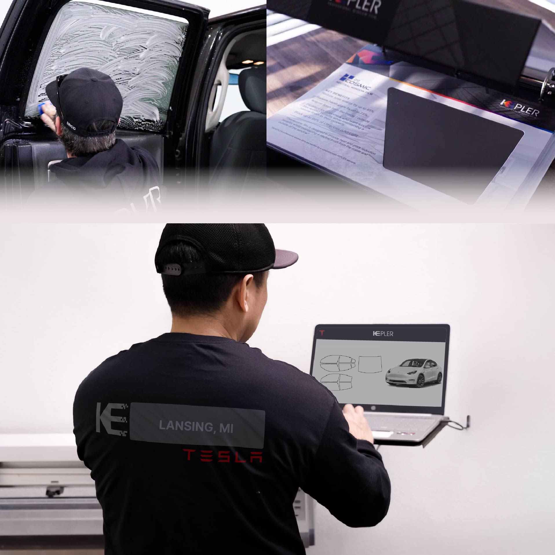 Kepler Technician Applying Advanced Window Tint to Tesla in Lansing