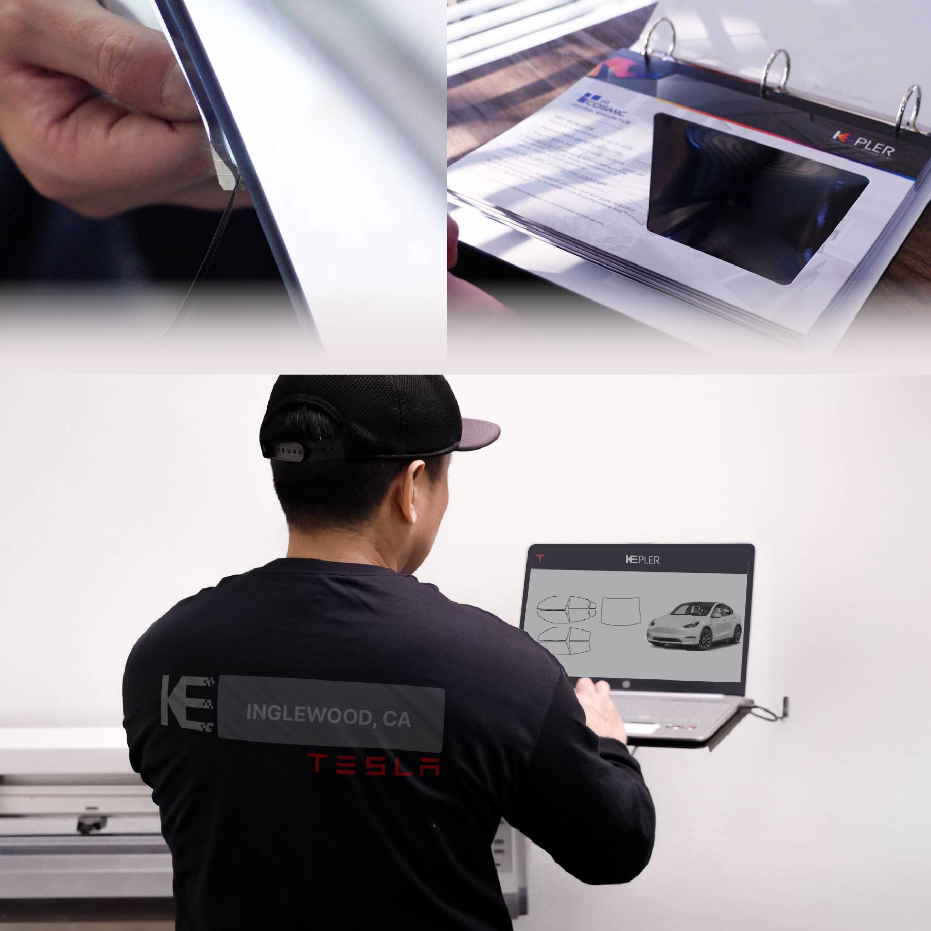 Kepler Technician Installing Ceramic Window Tint to Tesla in Inglewood