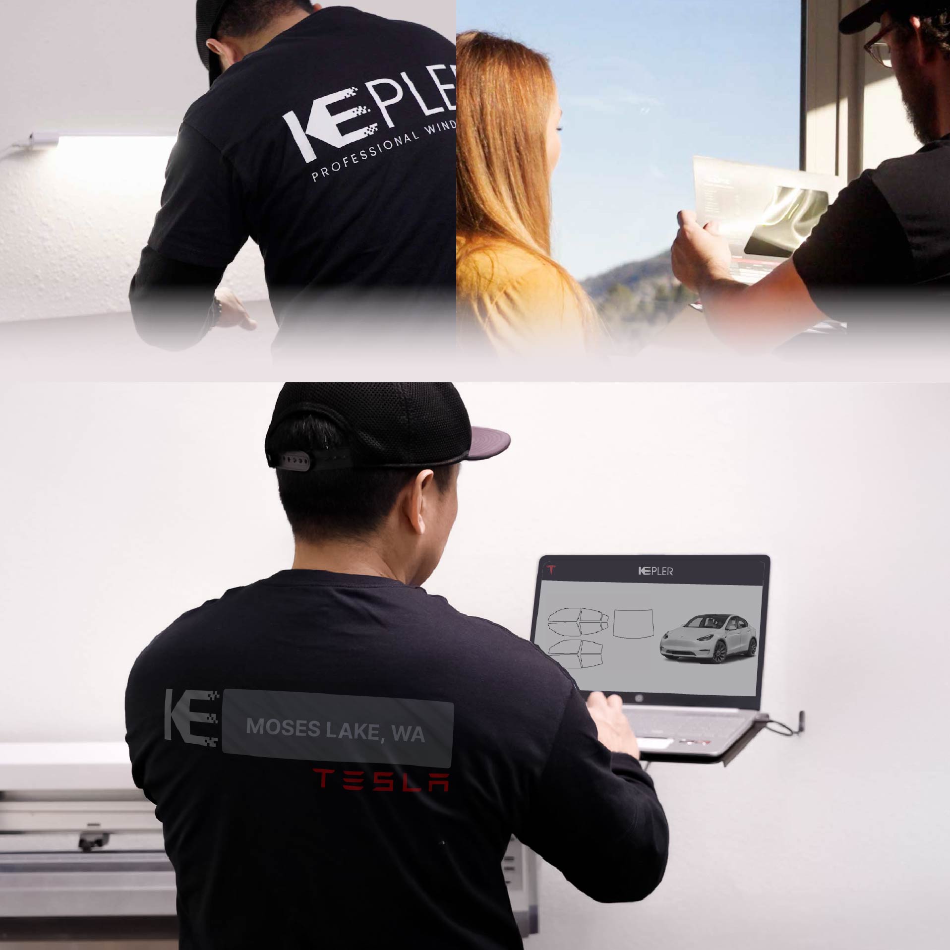 Expert Technician Installing Advanced Window Tint to Tesla in Moses Lake