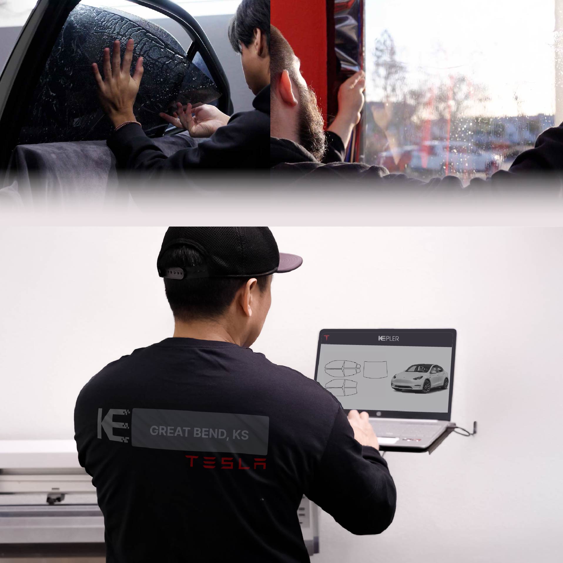 Kepler Technician Installing Advanced Window Tint to Tesla in Great Bend
