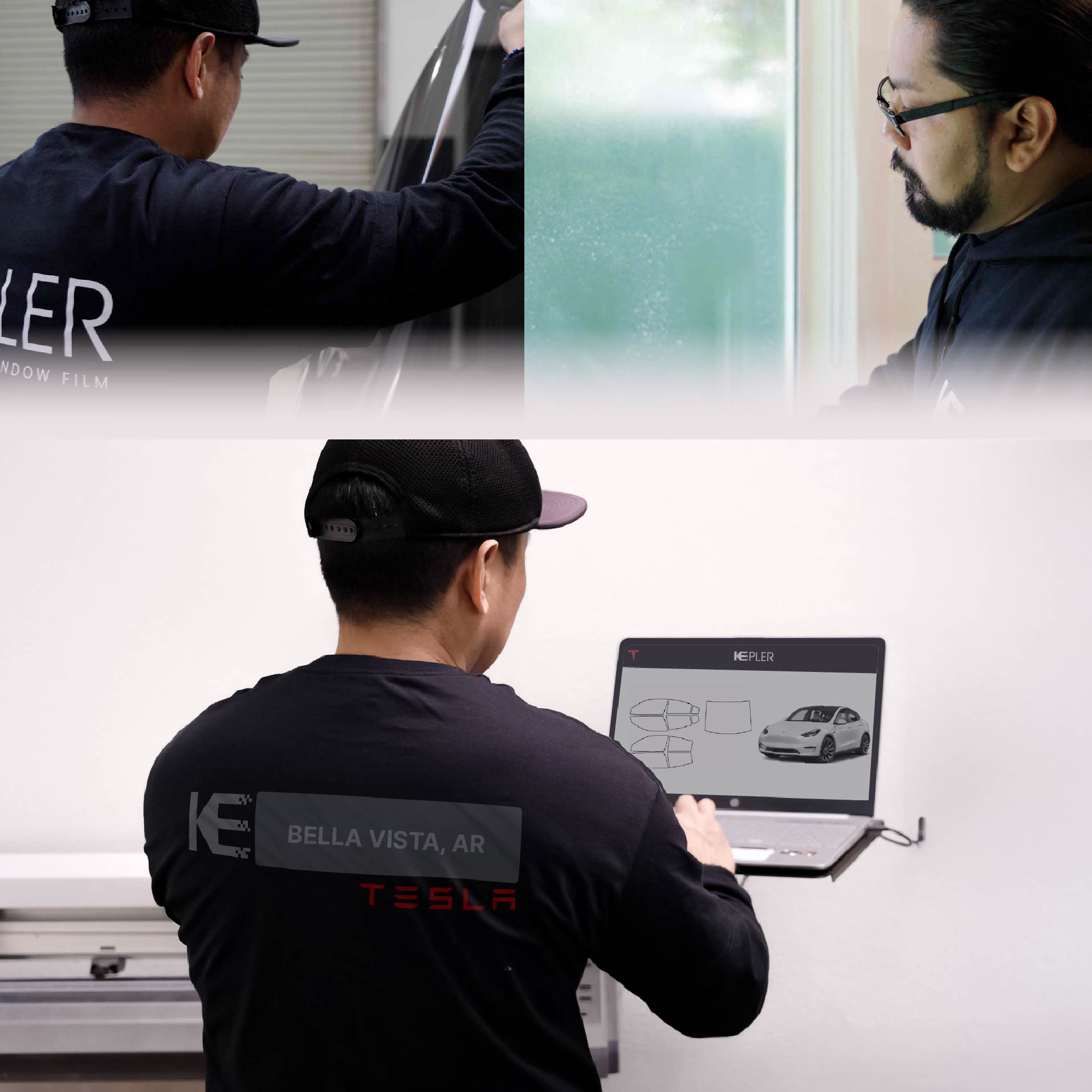 Expert Technician Applying Advanced Window Tint to Tesla in Bella Vista