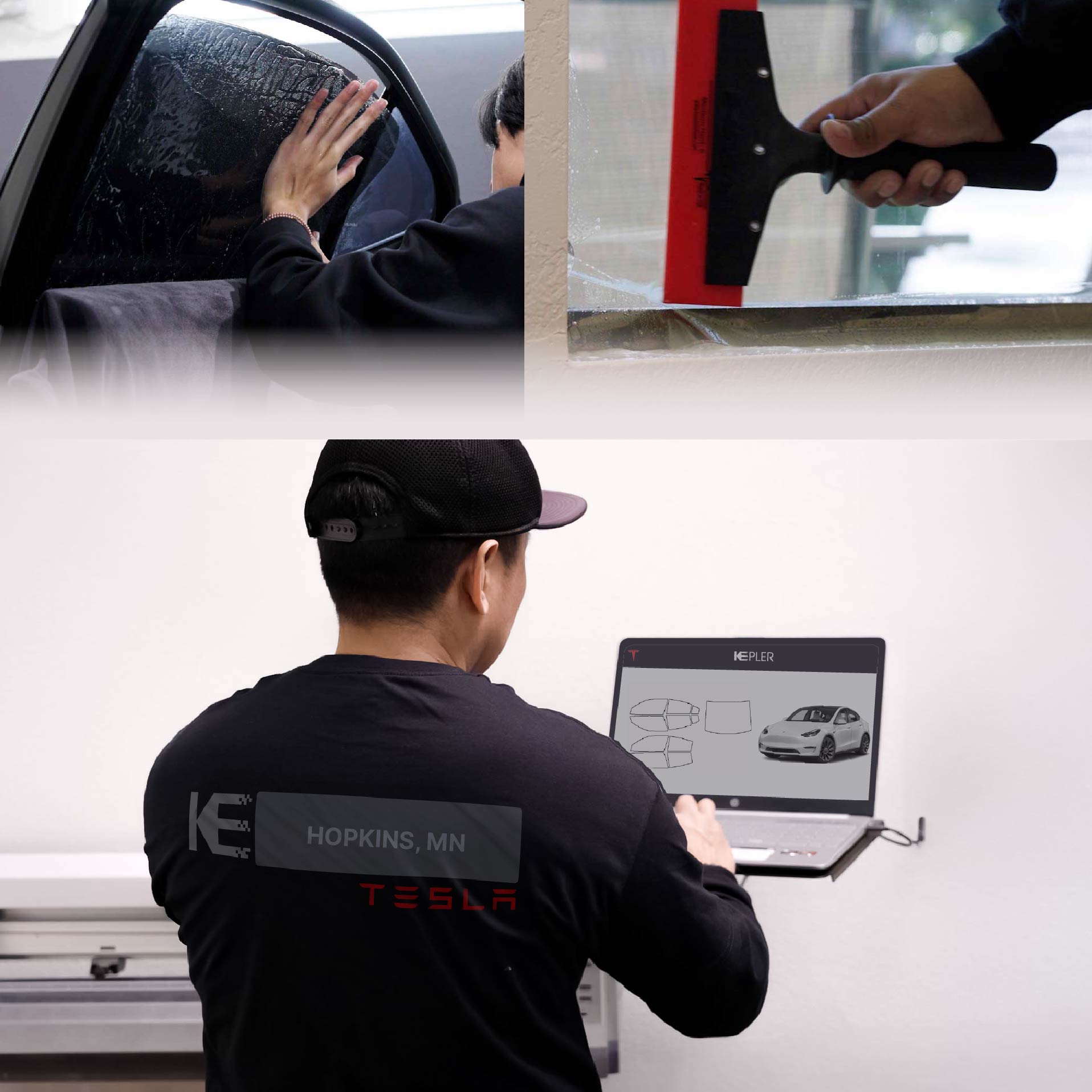 Expert Technician Installing High-tech Window Tint to Tesla in Hopkins