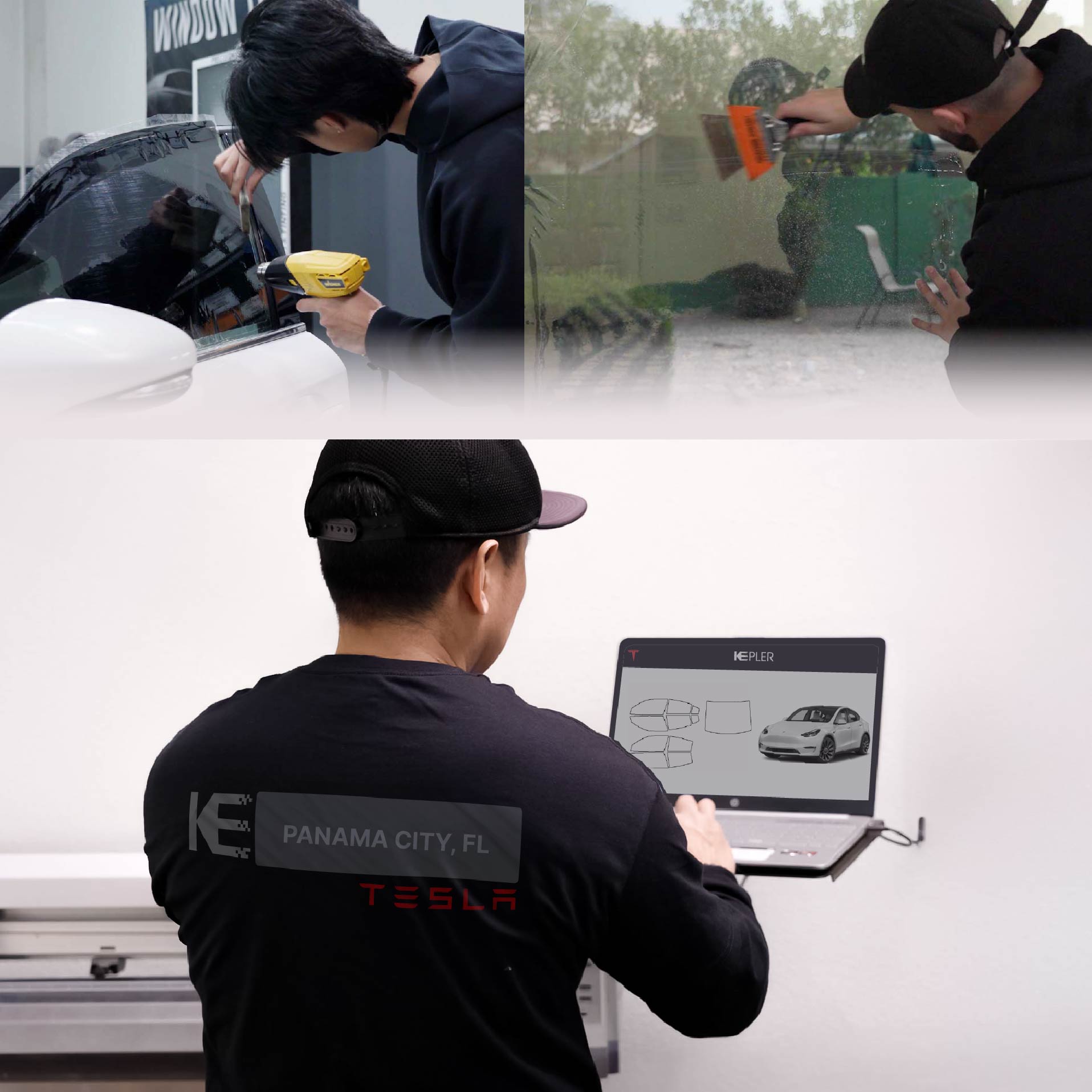 Kepler Technician Installing Advanced Window Tint to Tesla in Panama City