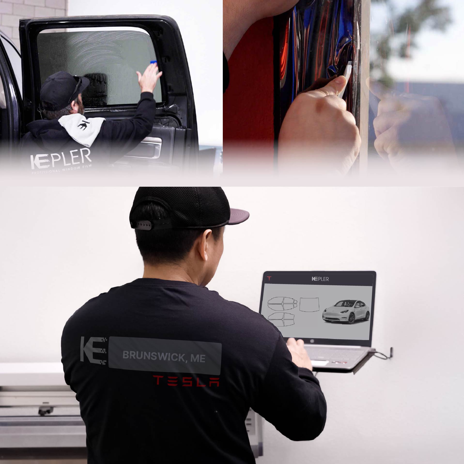 Kepler Technician Fitting Ceramic Window Tint to Tesla in Brunswick