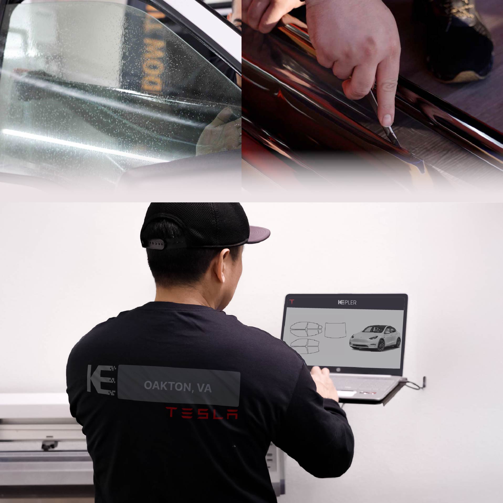Expert Technician Installing Ceramic Window Tint to Tesla in Oakton