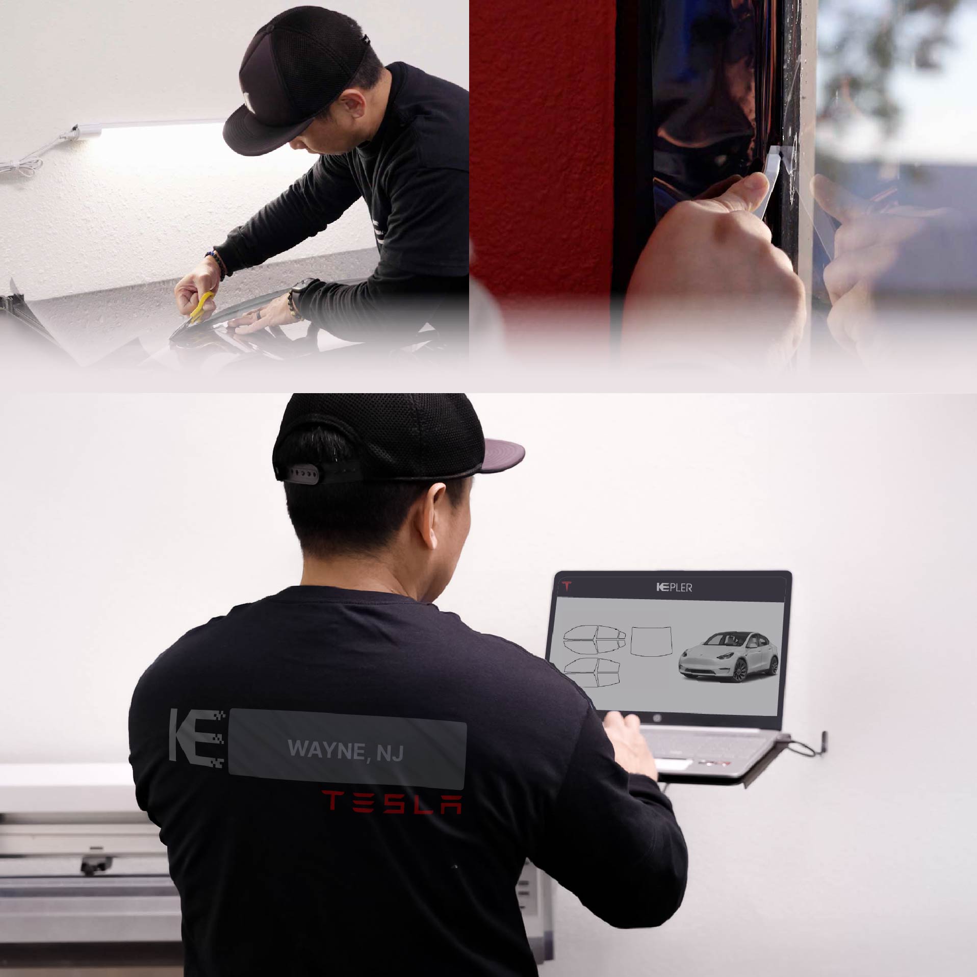 Kepler Technician Applying Ceramic Window Tint to Tesla in Wayne