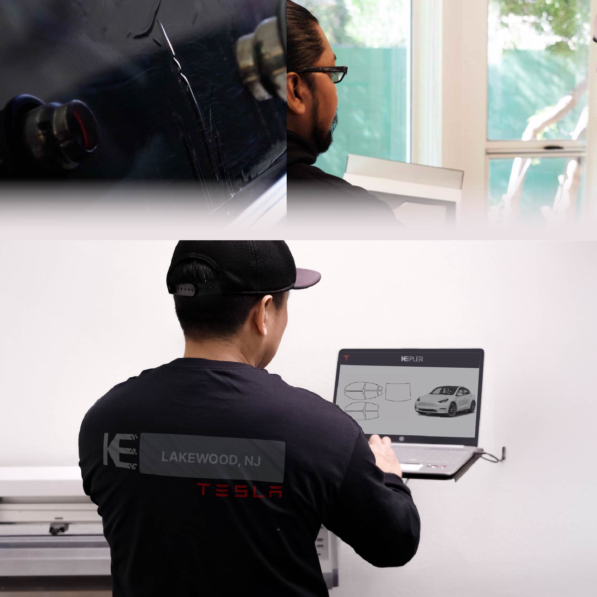 Expert Technician Installing High-tech Window Tint to Tesla in Lakewood