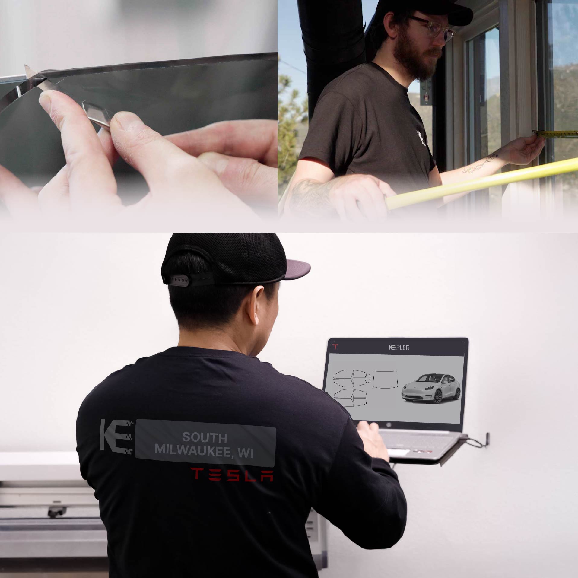 Kepler Technician Applying Ceramic Window Tint to Tesla in South Milwaukee