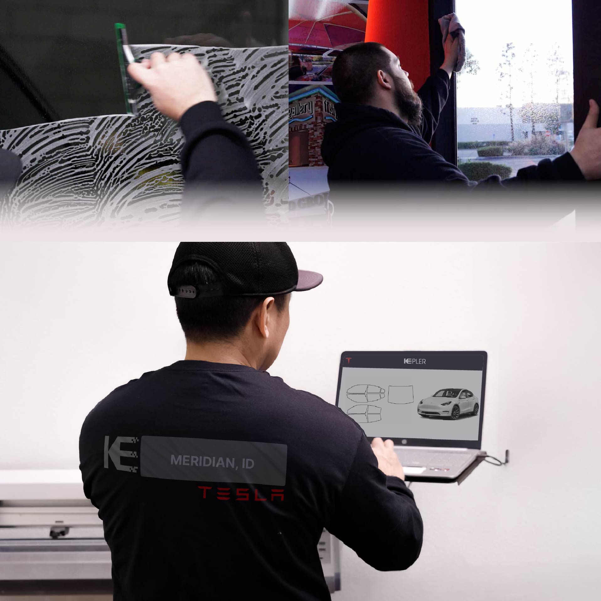 Expert Technician Fitting Ceramic Window Tint to Tesla in Meridian
