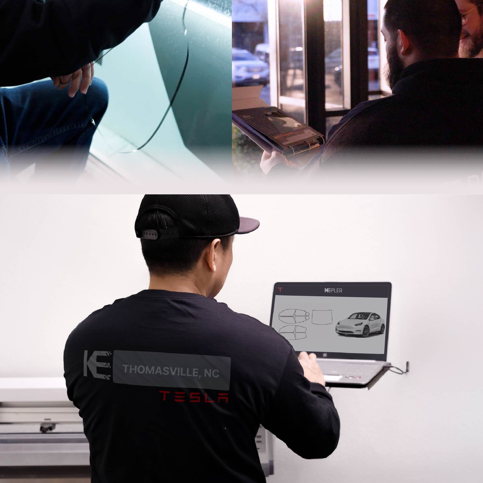Kepler Technician Fitting Advanced Window Tint to Tesla in Thomasville