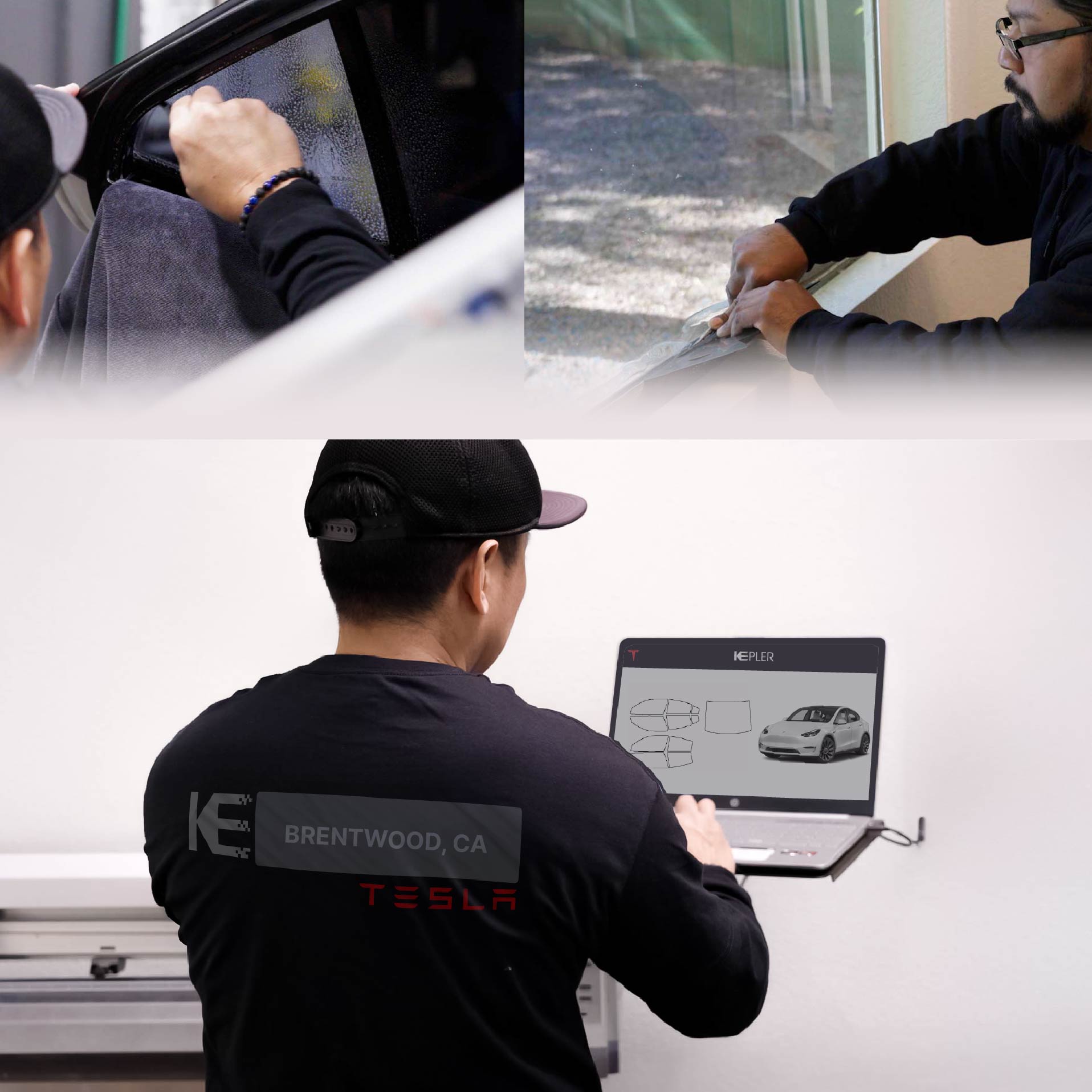 Expert Technician Applying High-tech Window Tint to Tesla in Brentwood