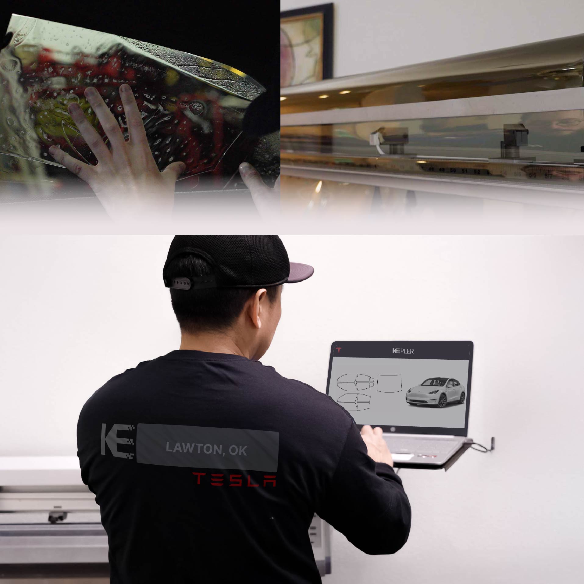 Expert Technician Applying High-tech Window Tint to Tesla in Lawton