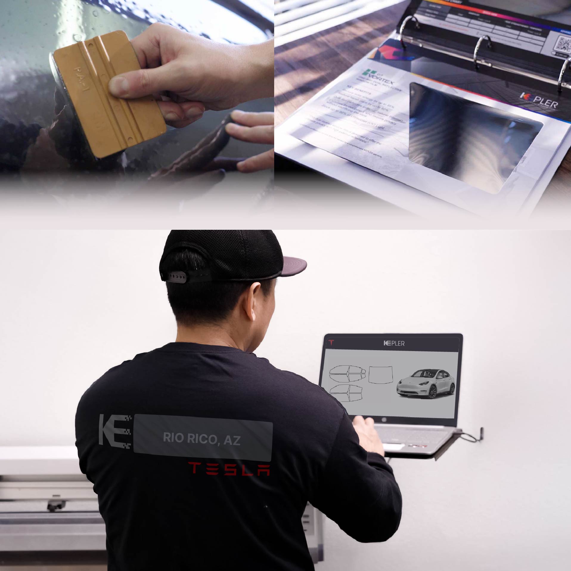 Kepler Technician Applying Ceramic Window Tint to Tesla in Rio Rico