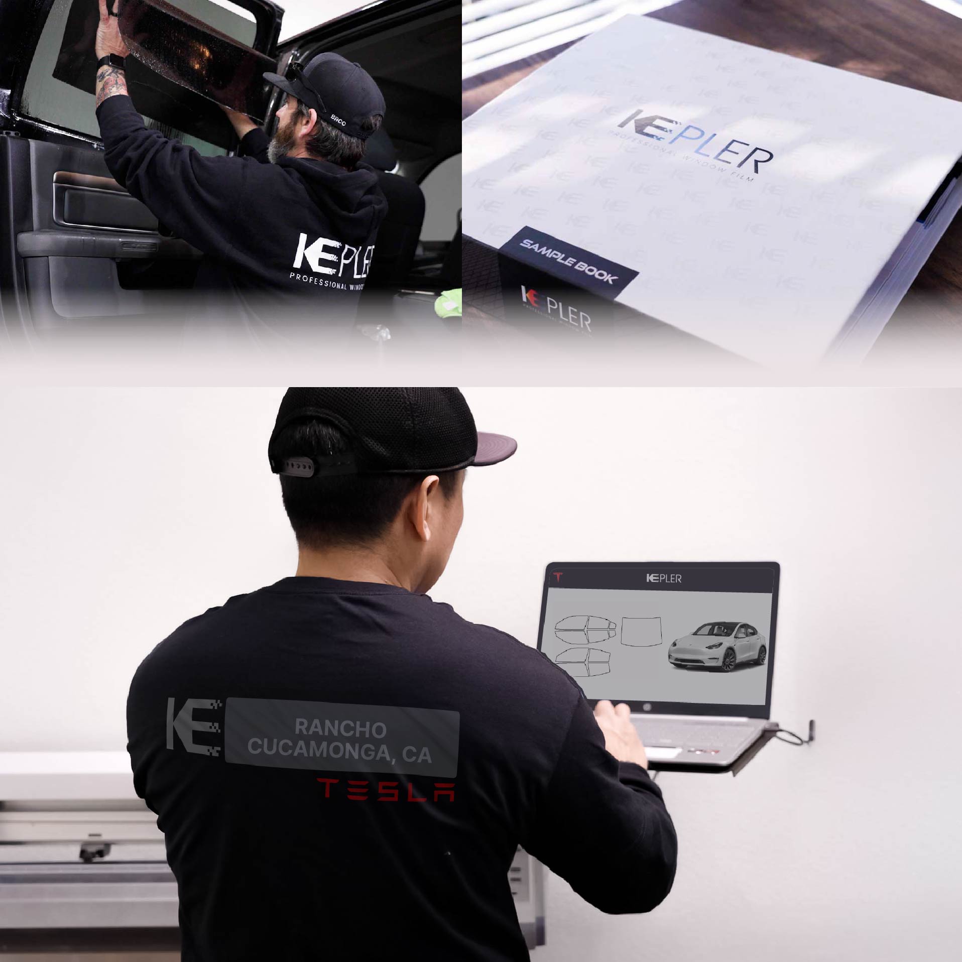 Expert Technician Fitting Ceramic Window Tint to Tesla in Rancho Cucamonga
