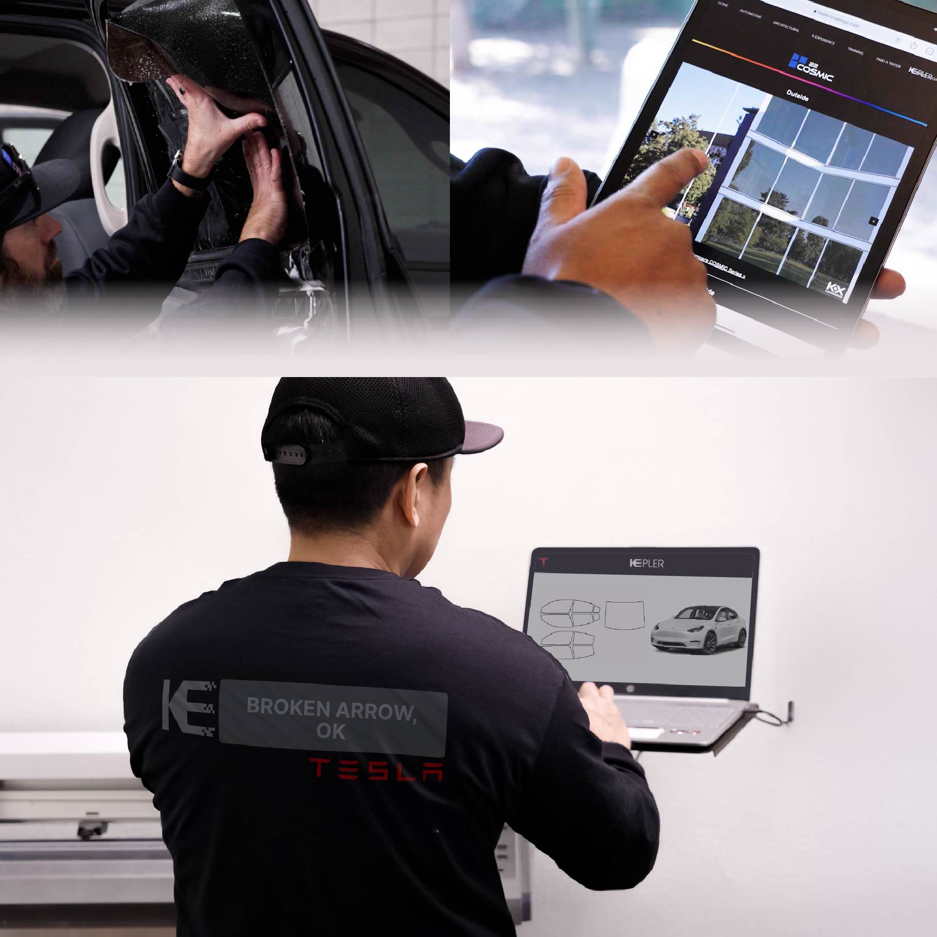 Kepler Technician Installing Ceramic Window Tint to Tesla in Broken Arrow
