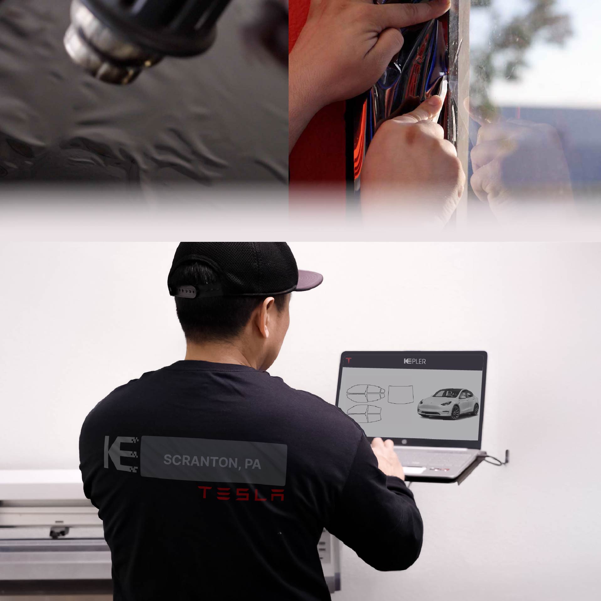 Kepler Technician Installing Ceramic Window Tint to Tesla in Scranton