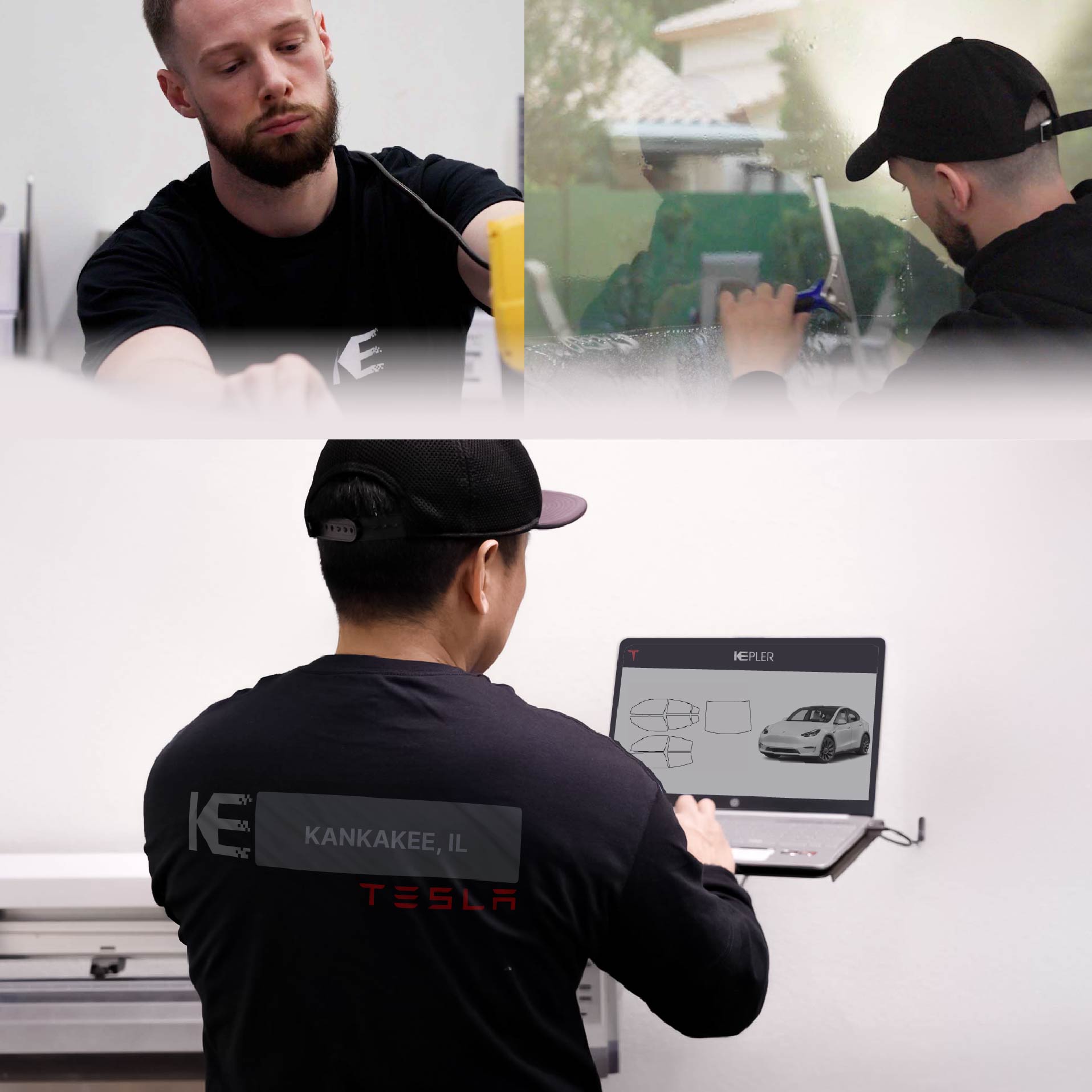 Kepler Technician Applying Advanced Window Tint to Tesla in Kankakee