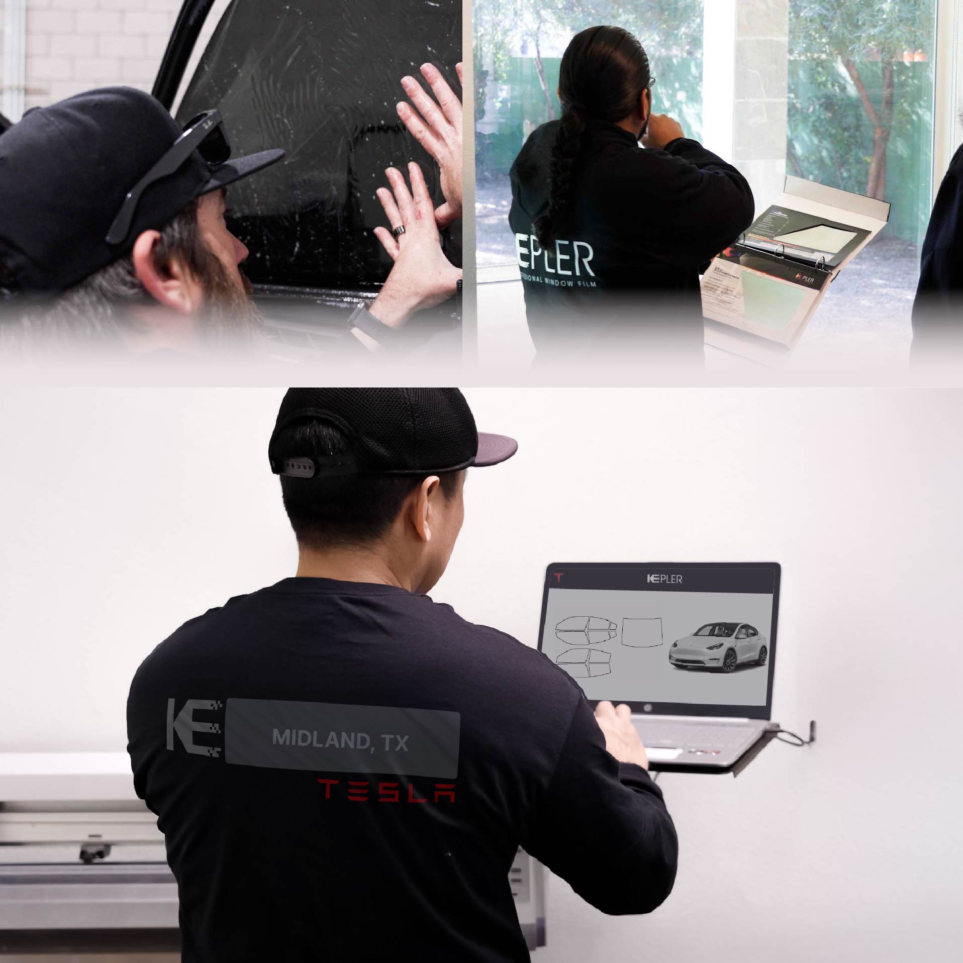 Kepler Technician Applying High-tech Window Tint to Tesla in Midland