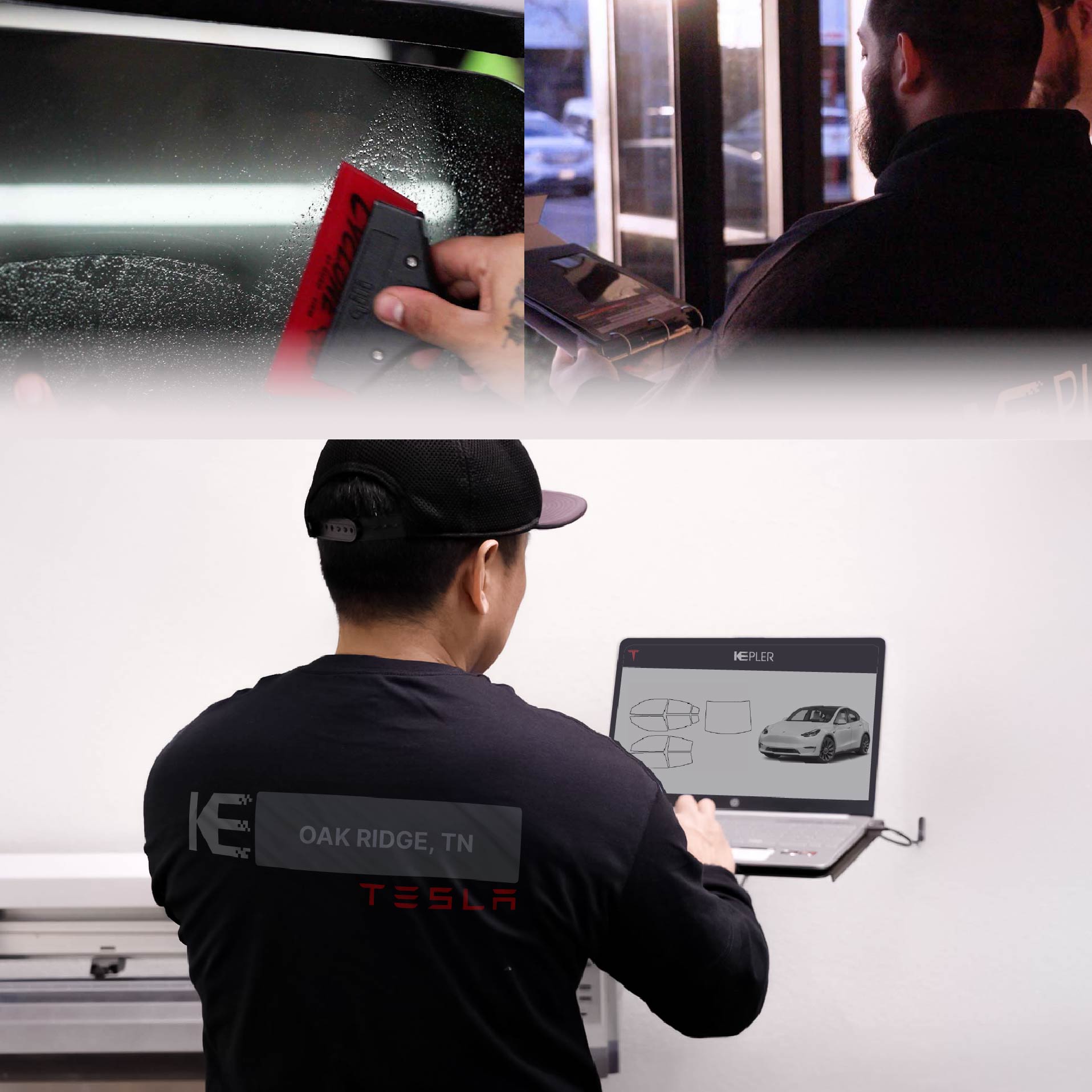 Expert Technician Fitting High-tech Window Tint to Tesla in Oak Ridge