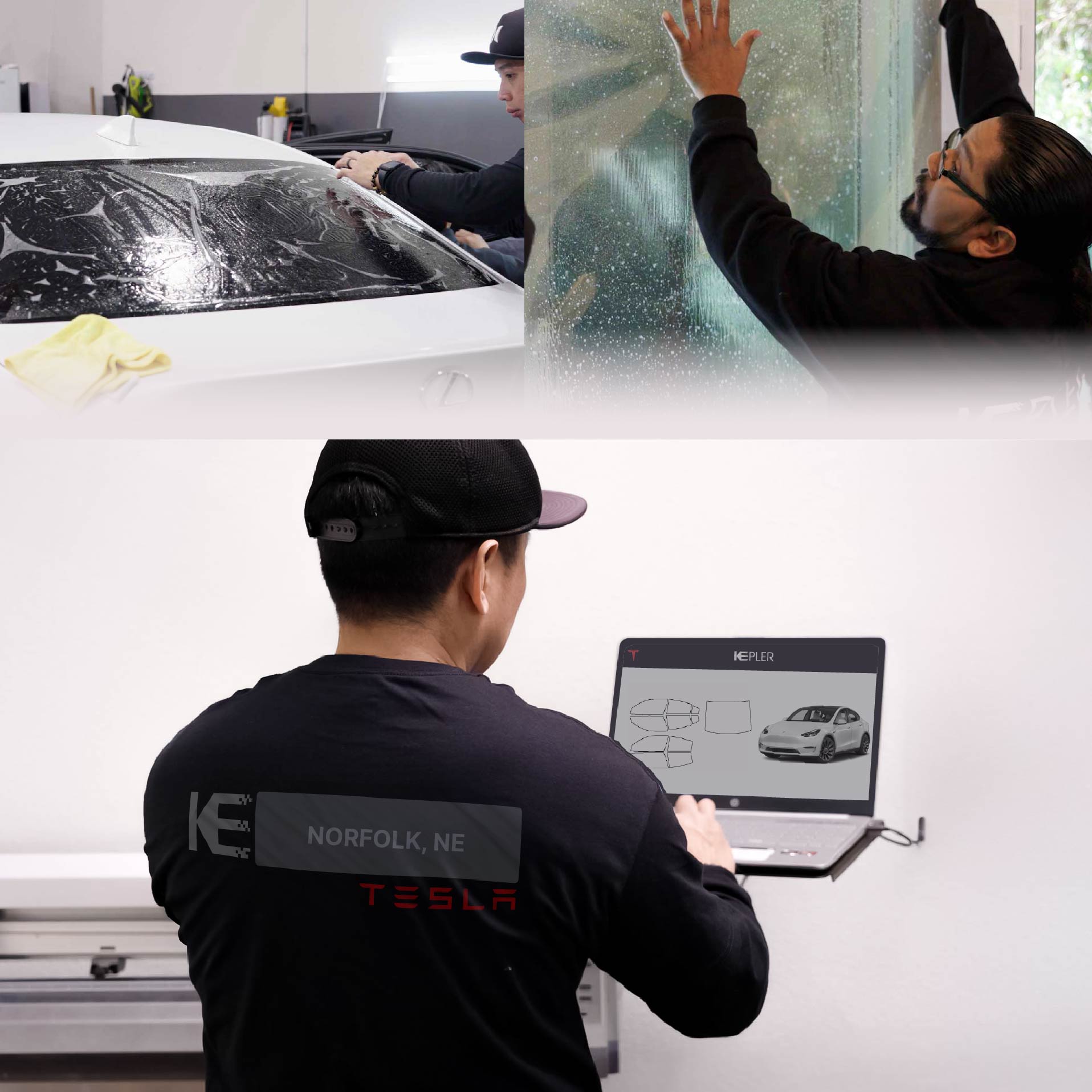 Expert Technician Fitting Advanced Window Tint to Tesla in Norfolk