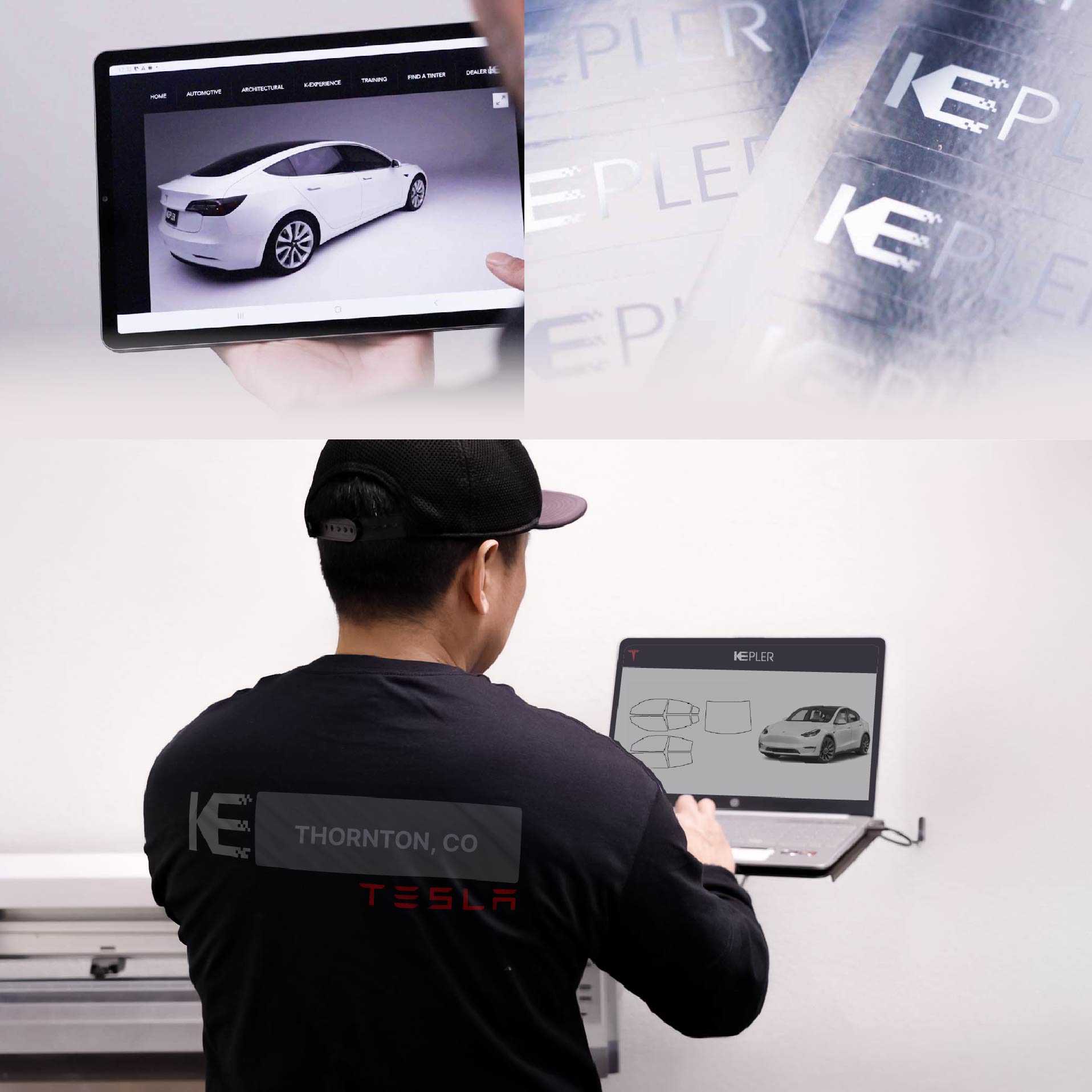 Expert Technician Installing Advanced Window Tint to Tesla in Thornton