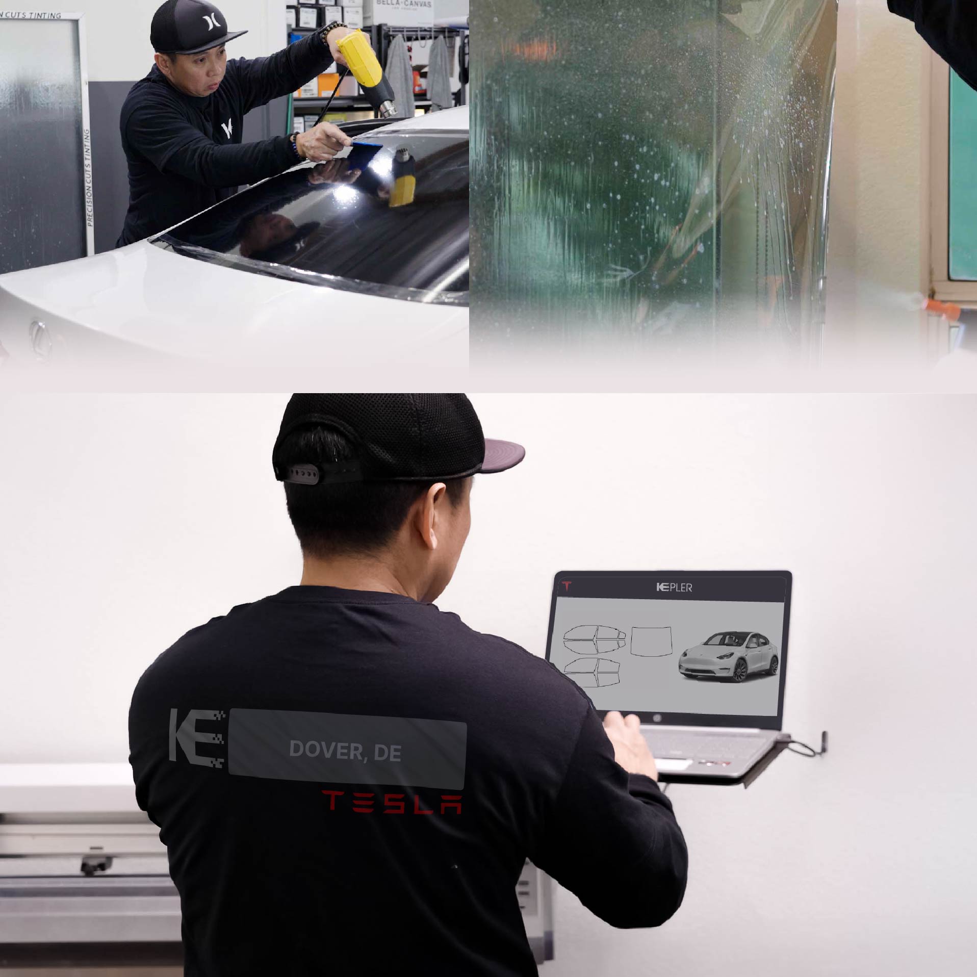 Kepler Technician Applying Ceramic Window Tint to Tesla in Dover