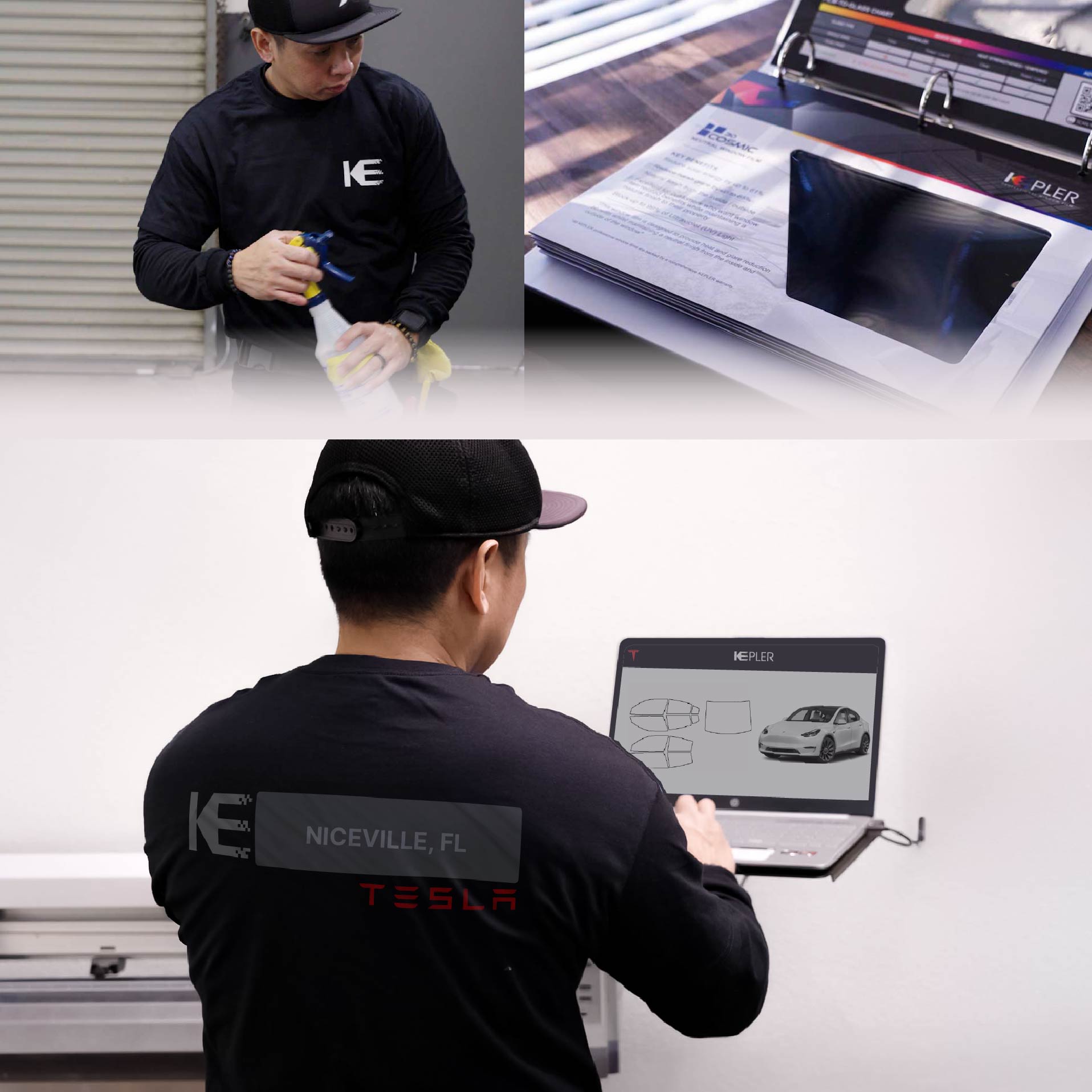 Kepler Technician Installing Ceramic Window Tint to Tesla in Niceville